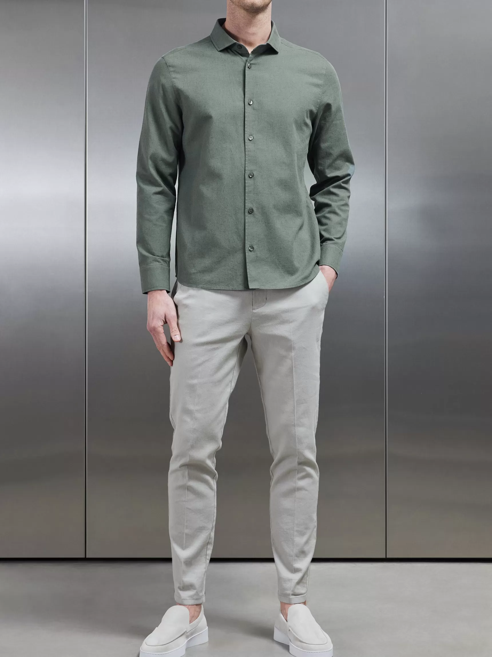 Shop ARNE Linen Long Sleeve Cutaway Collar Shirt - Sage