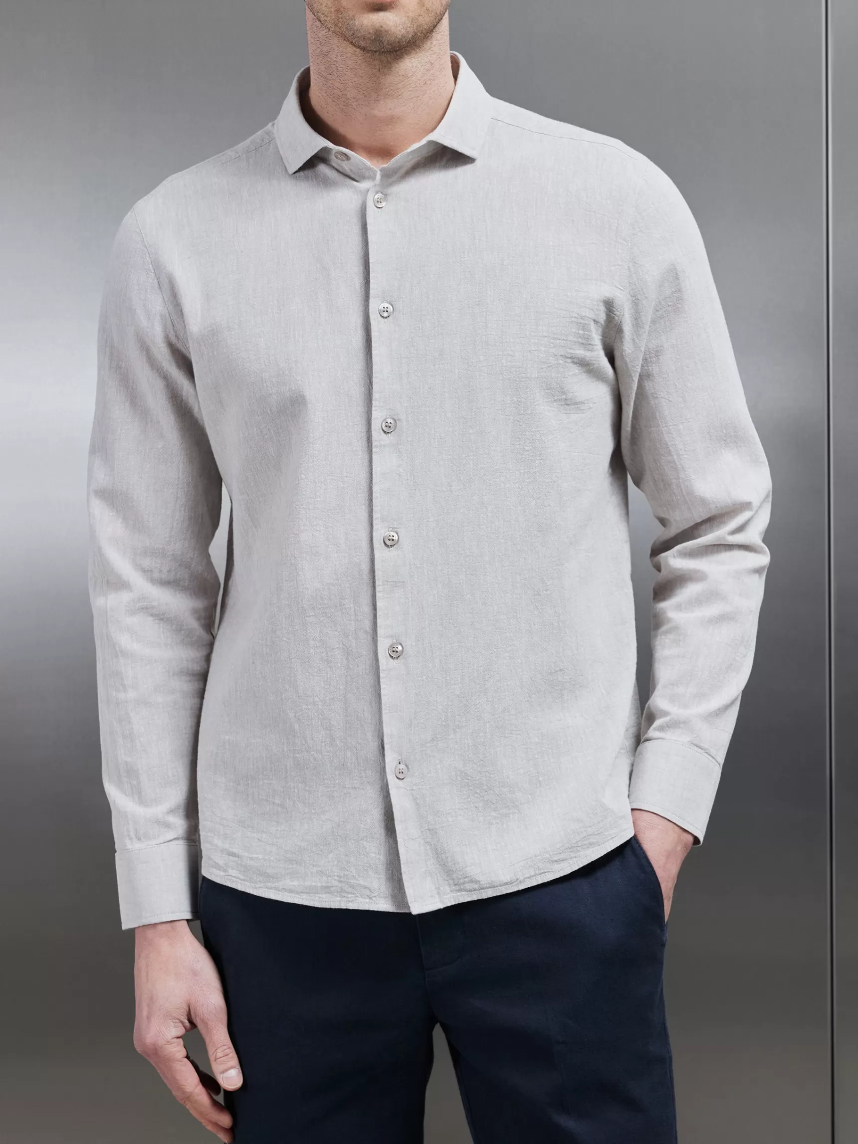 Best Sale ARNE Linen Long Sleeve Cutaway Collar Shirt - Stone
