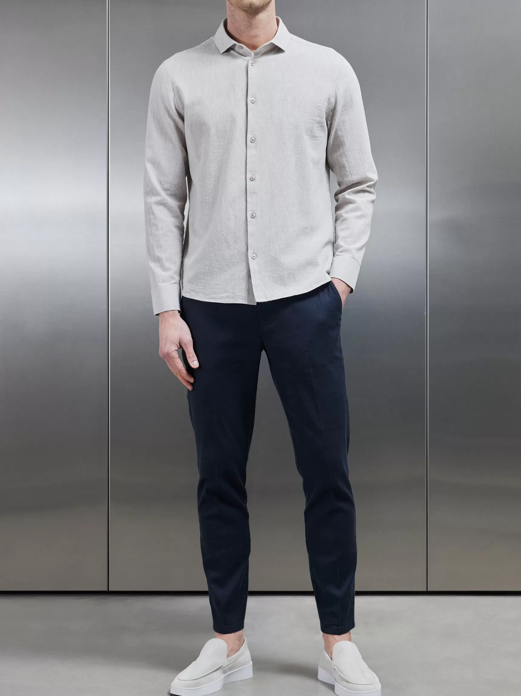 Best Sale ARNE Linen Long Sleeve Cutaway Collar Shirt - Stone