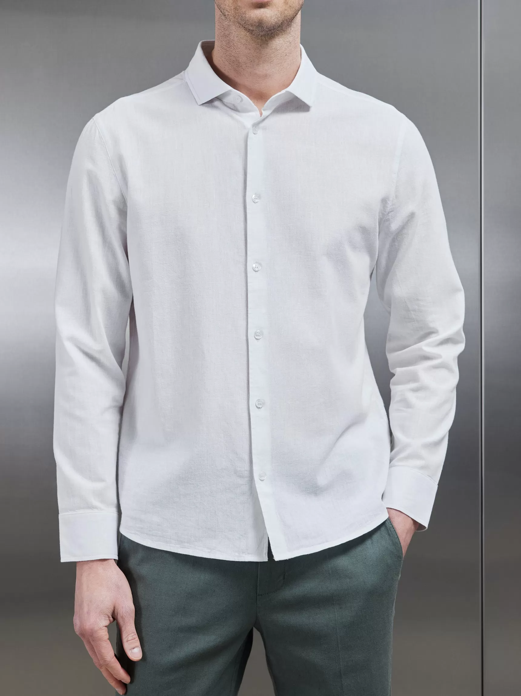 Store ARNE Linen Long Sleeve Cutaway Collar Shirt - White