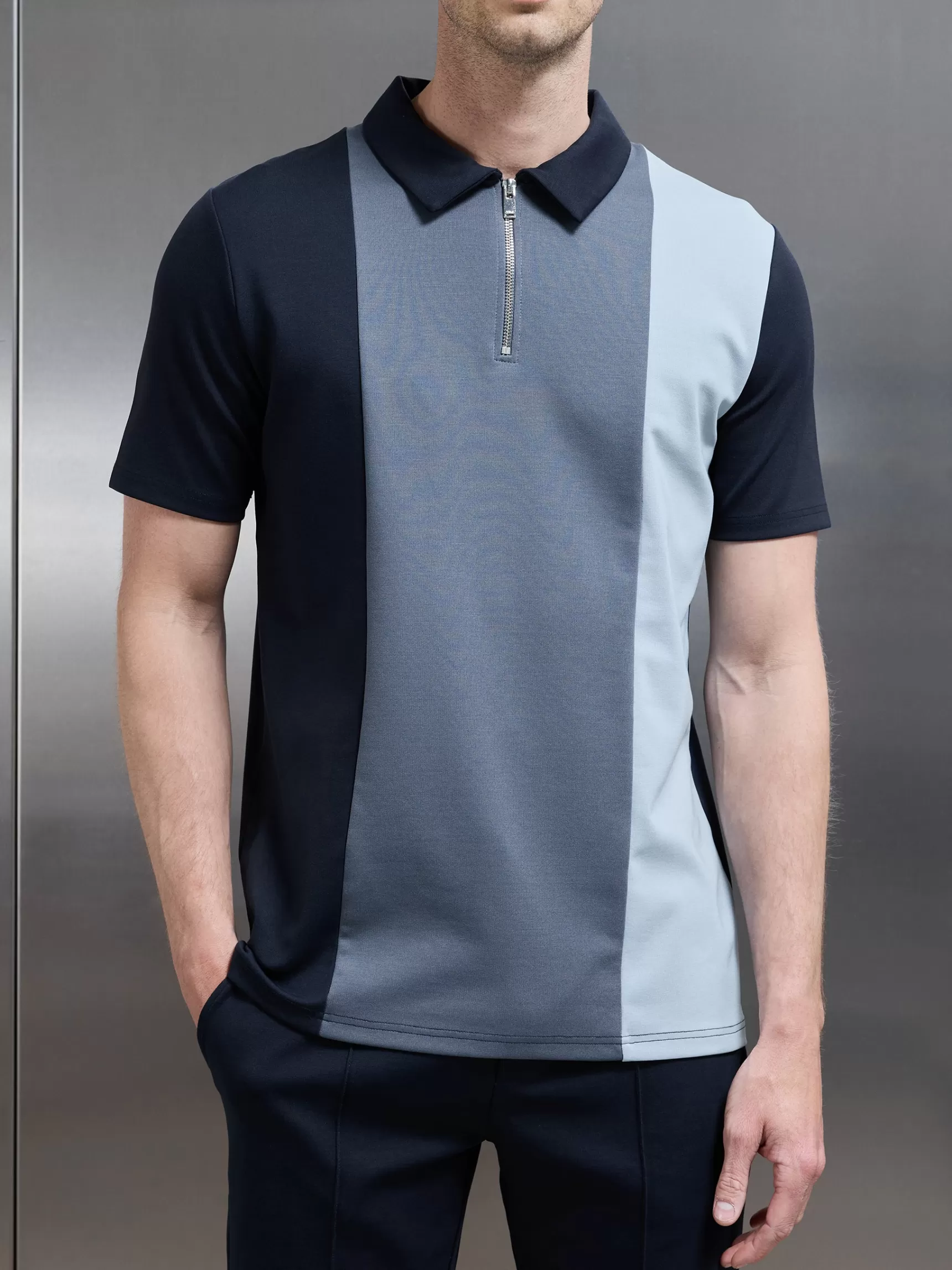 Fashion ARNE Luxe Colour Block Zip Polo Shirt - Navy