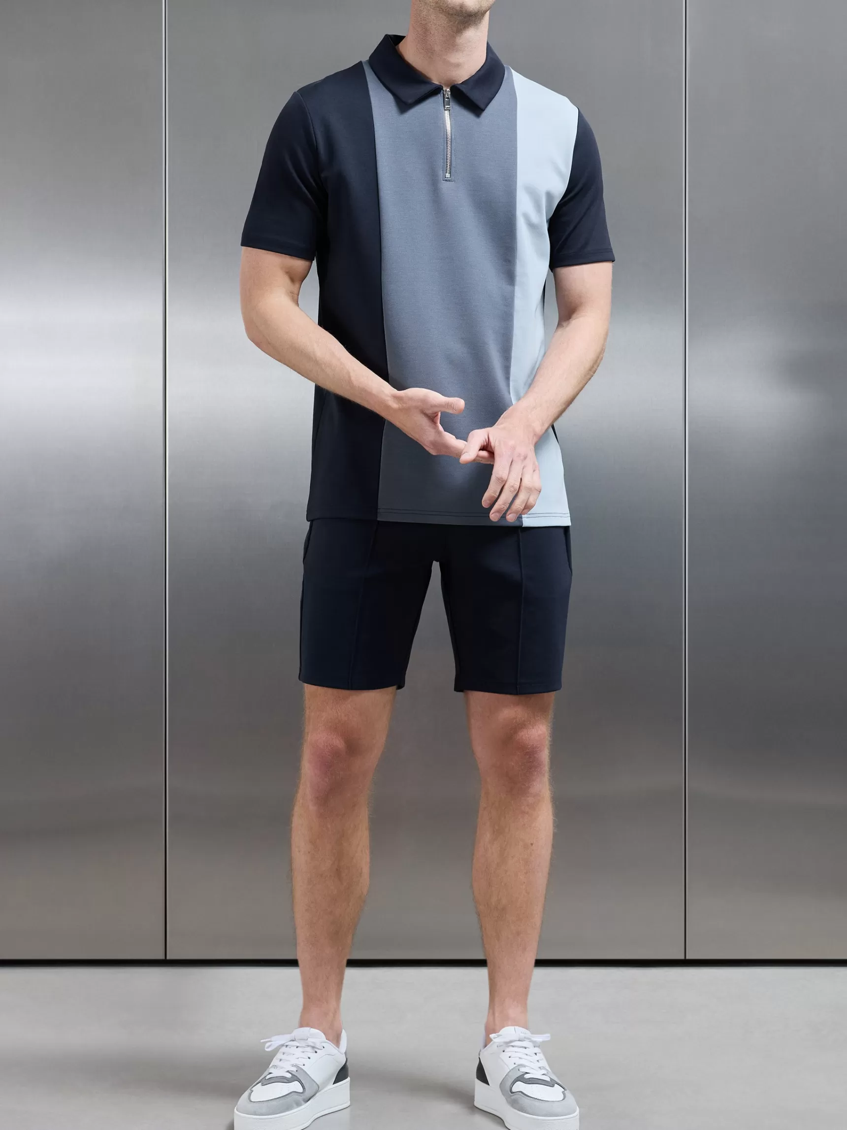 Fashion ARNE Luxe Colour Block Zip Polo Shirt - Navy