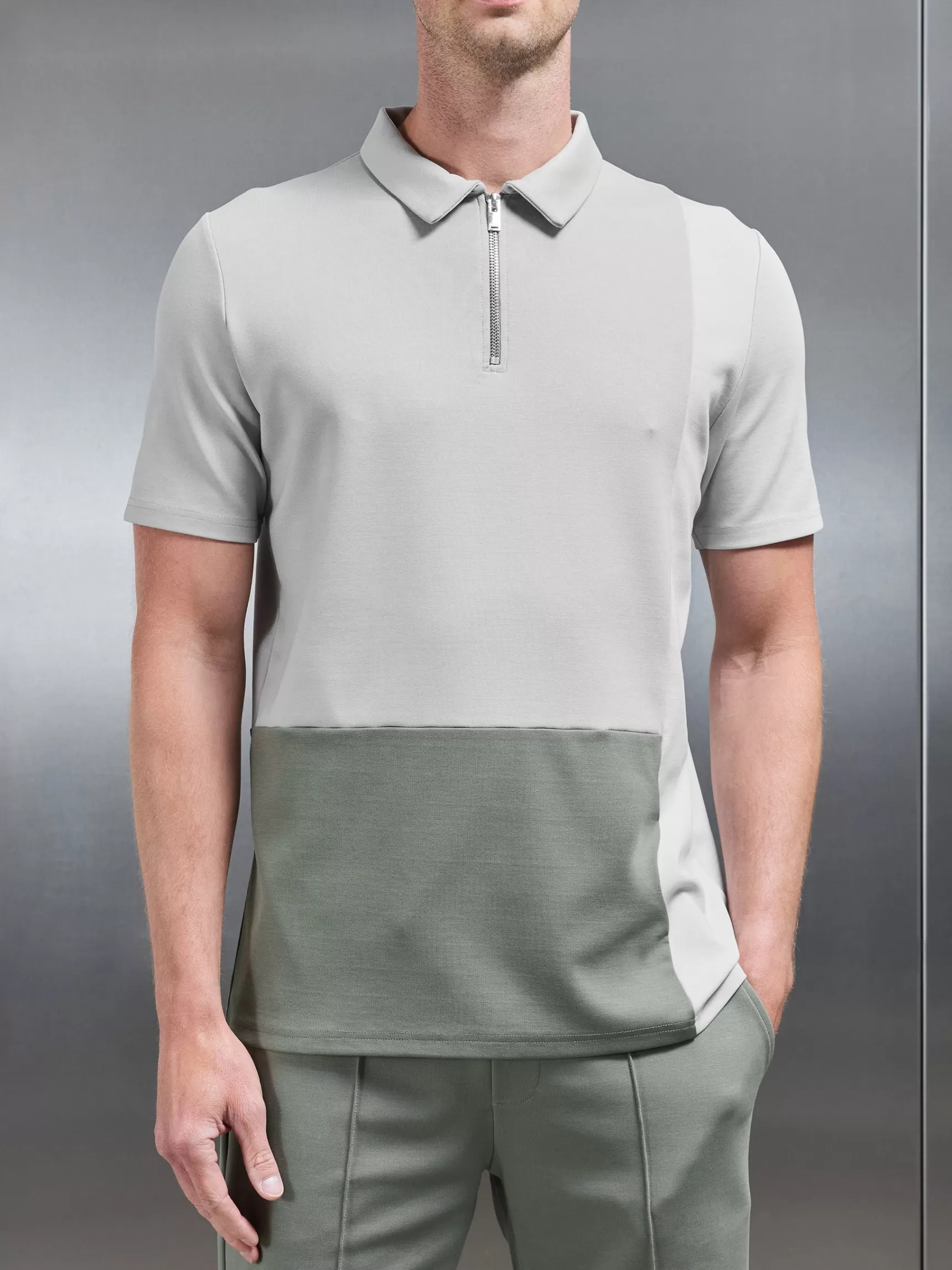 Discount ARNE Luxe Colour Block Zip Polo Shirt - Sage