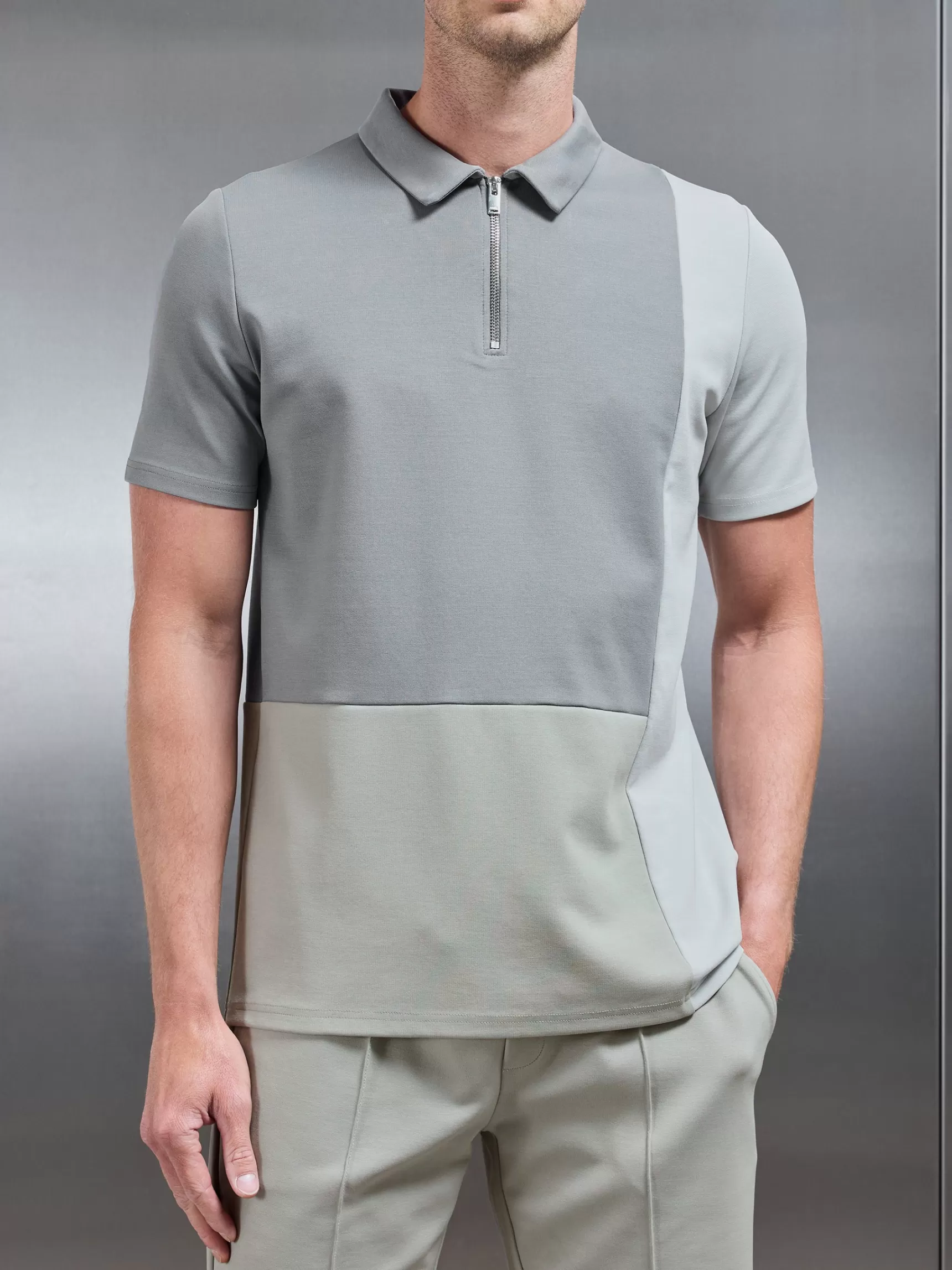 Clearance ARNE Luxe Colour Block Zip Polo Shirt - Stone