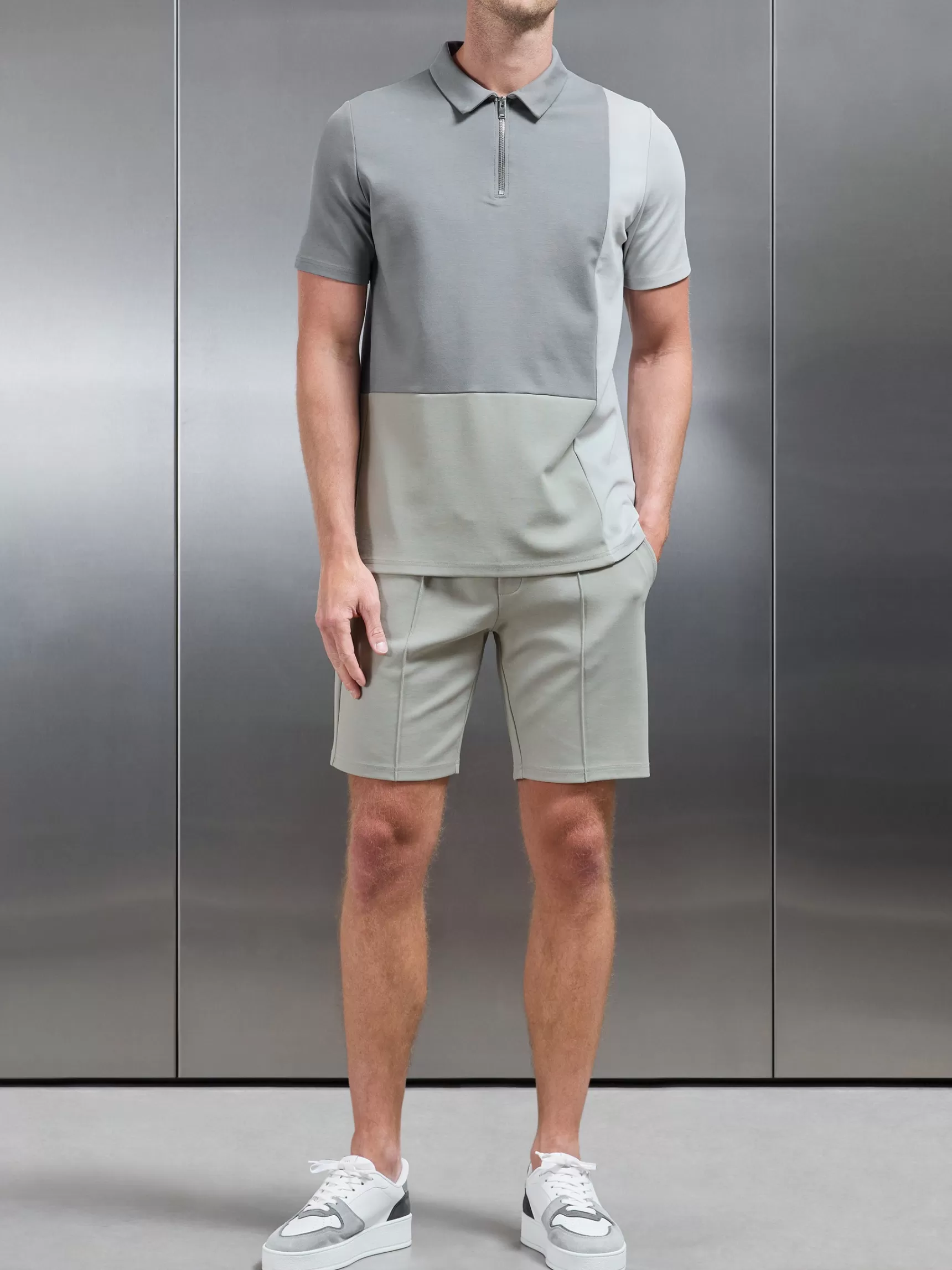 Clearance ARNE Luxe Colour Block Zip Polo Shirt - Stone
