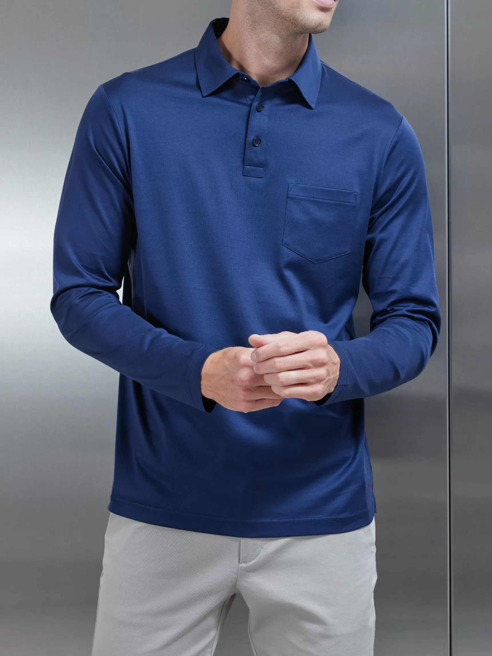 Cheap ARNE Mercerised Cotton Long Sleeve Polo Shirt - Navy