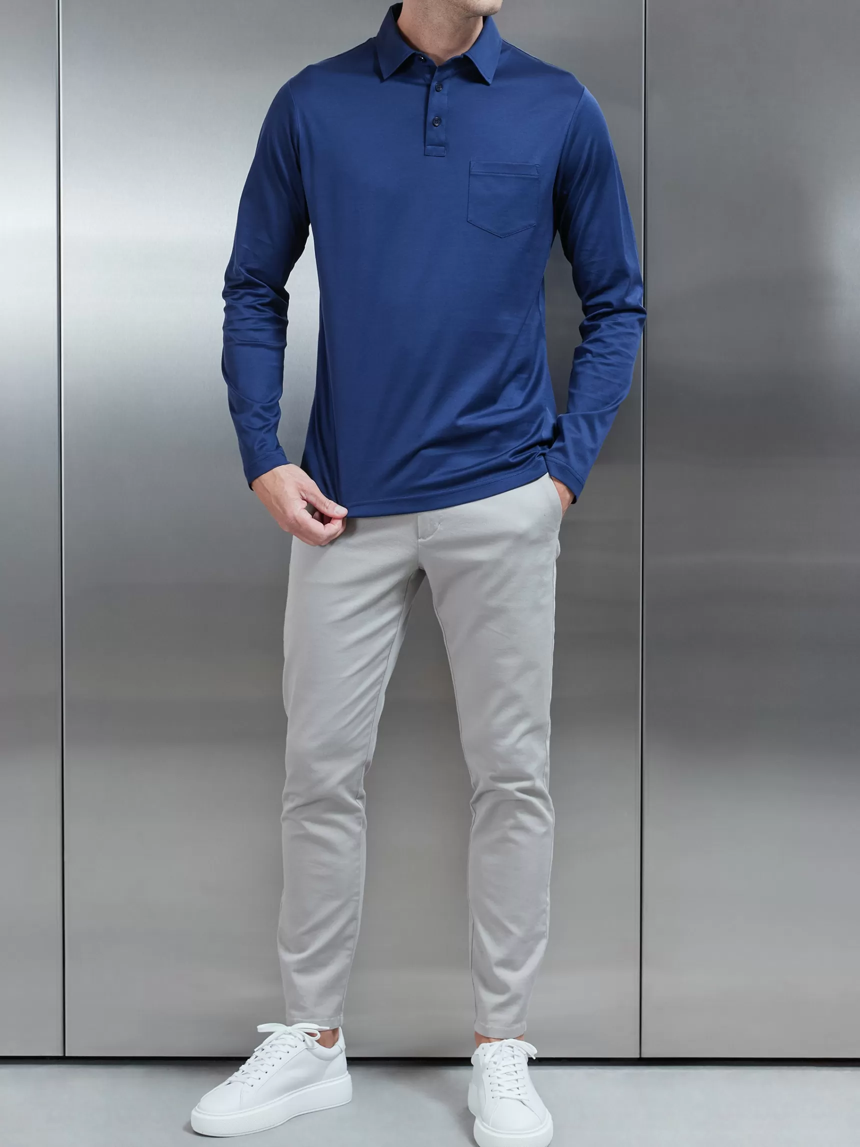 Cheap ARNE Mercerised Cotton Long Sleeve Polo Shirt - Navy