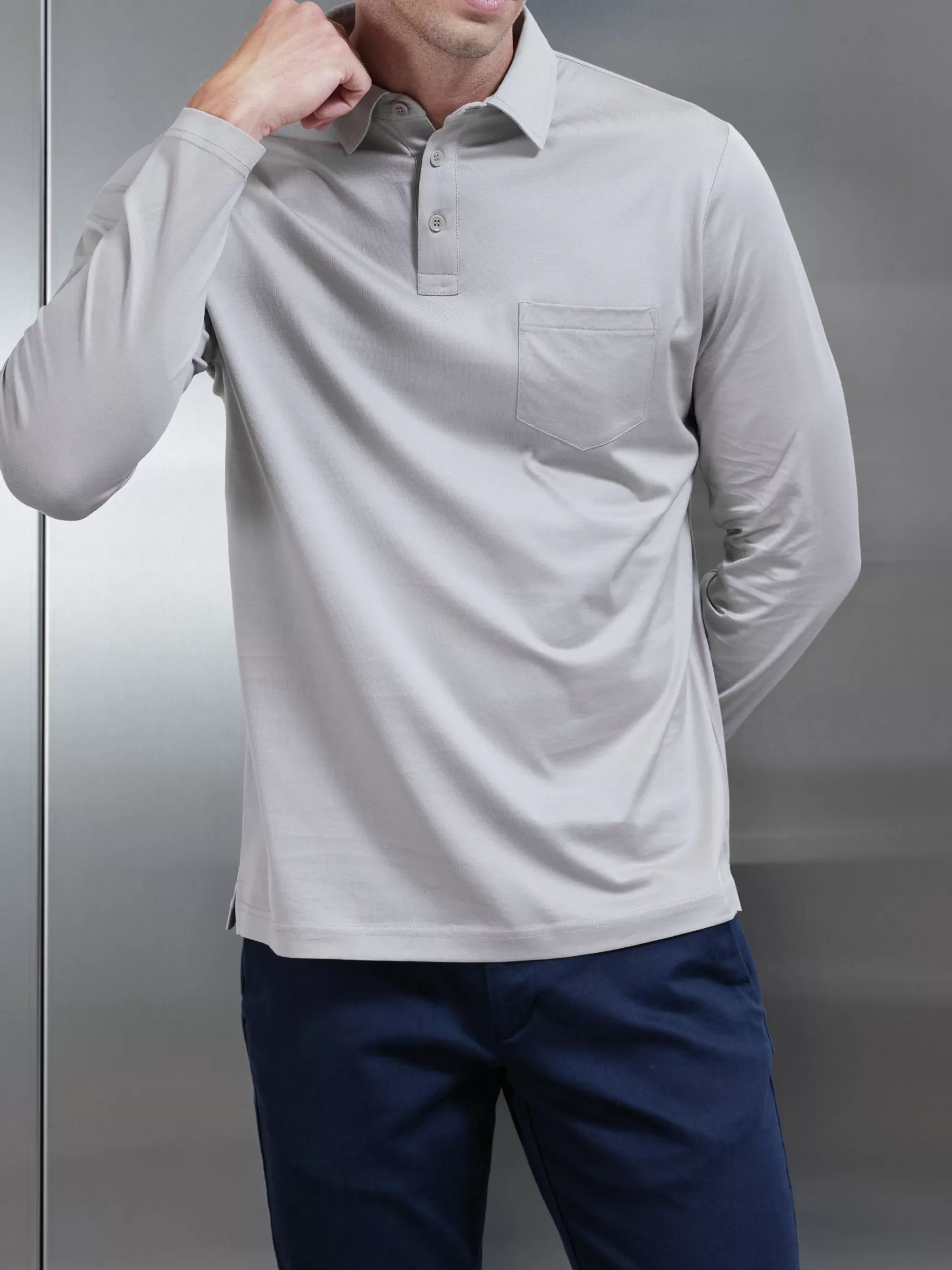 Shop ARNE Mercerised Cotton Long Sleeve Polo Shirt - Stone