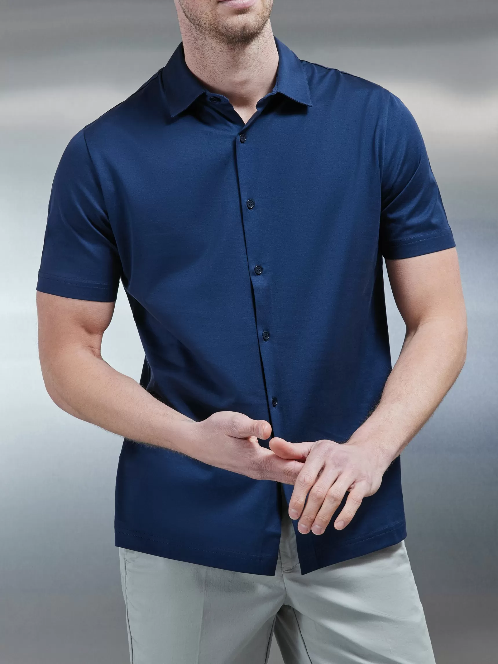 Hot ARNE Mercerised Cotton Short Sleeve Shirt - Navy