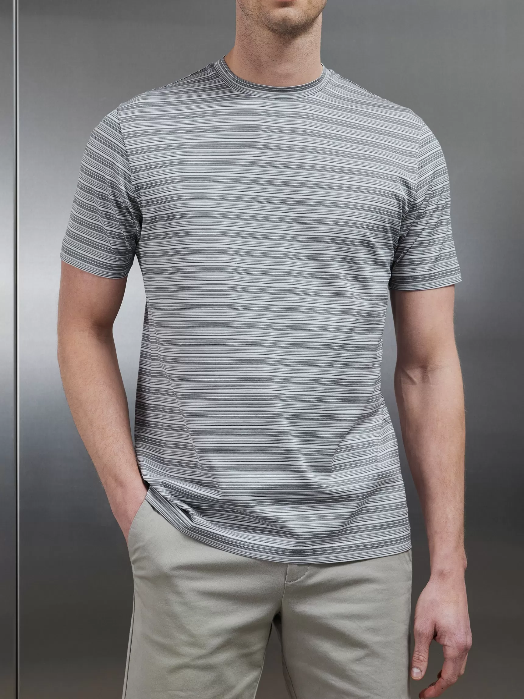 Best Sale ARNE Mercerised Cotton Space Dye Striped T-Shirt - Grey