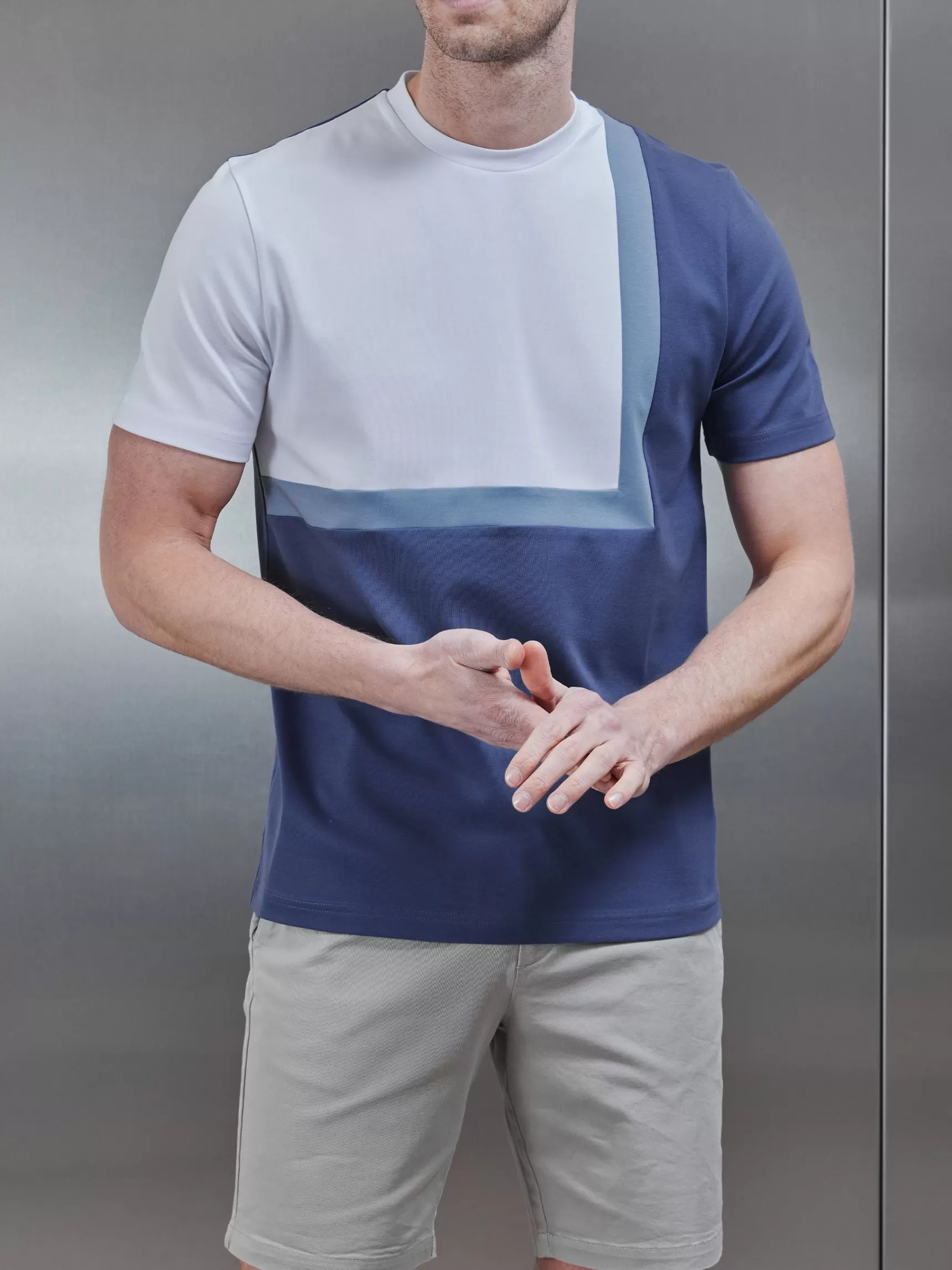 Cheap ARNE Mercerised Interlock Colour Block T-Shirt - Steel Blue SteelBlue