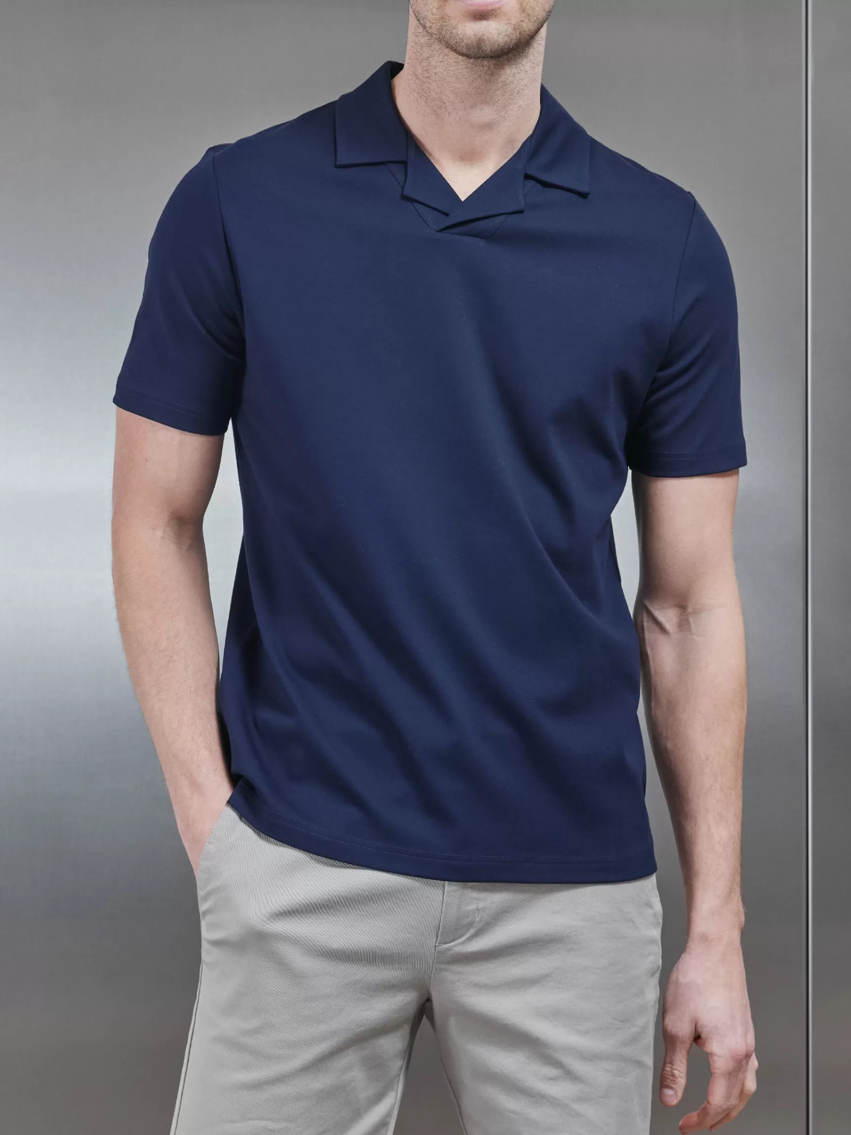 Outlet ARNE Mercerised Interlock Revere Collar Polo Shirt - Navy