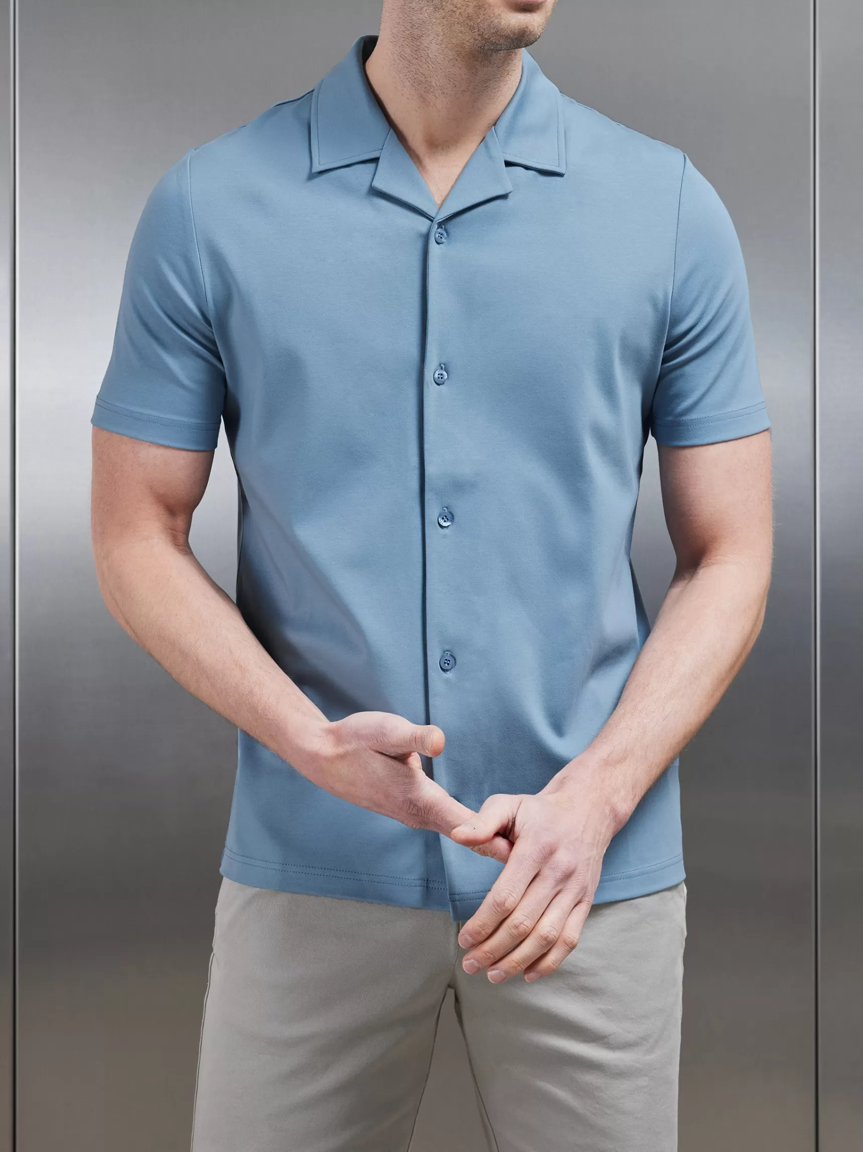Sale ARNE Mercerised Interlock Revere Collar Shirt - Light Blue LightBlue