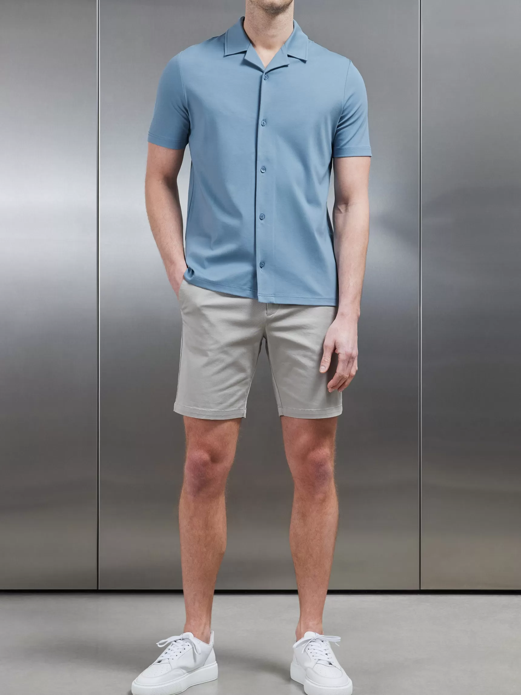 Sale ARNE Mercerised Interlock Revere Collar Shirt - Light Blue LightBlue