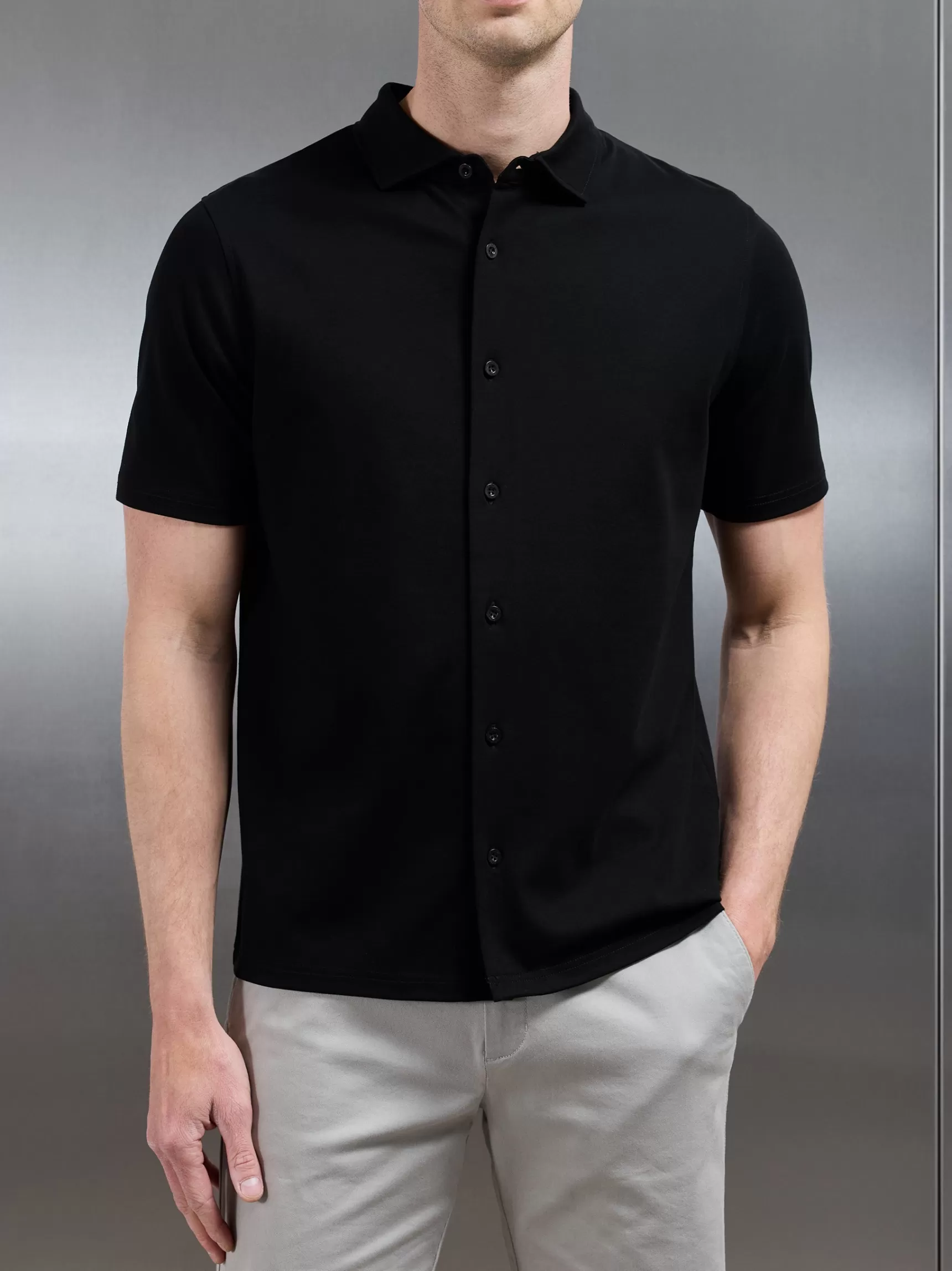 Fashion ARNE Mercerised Interlock Short Sleeve Button Through Shirt - Black