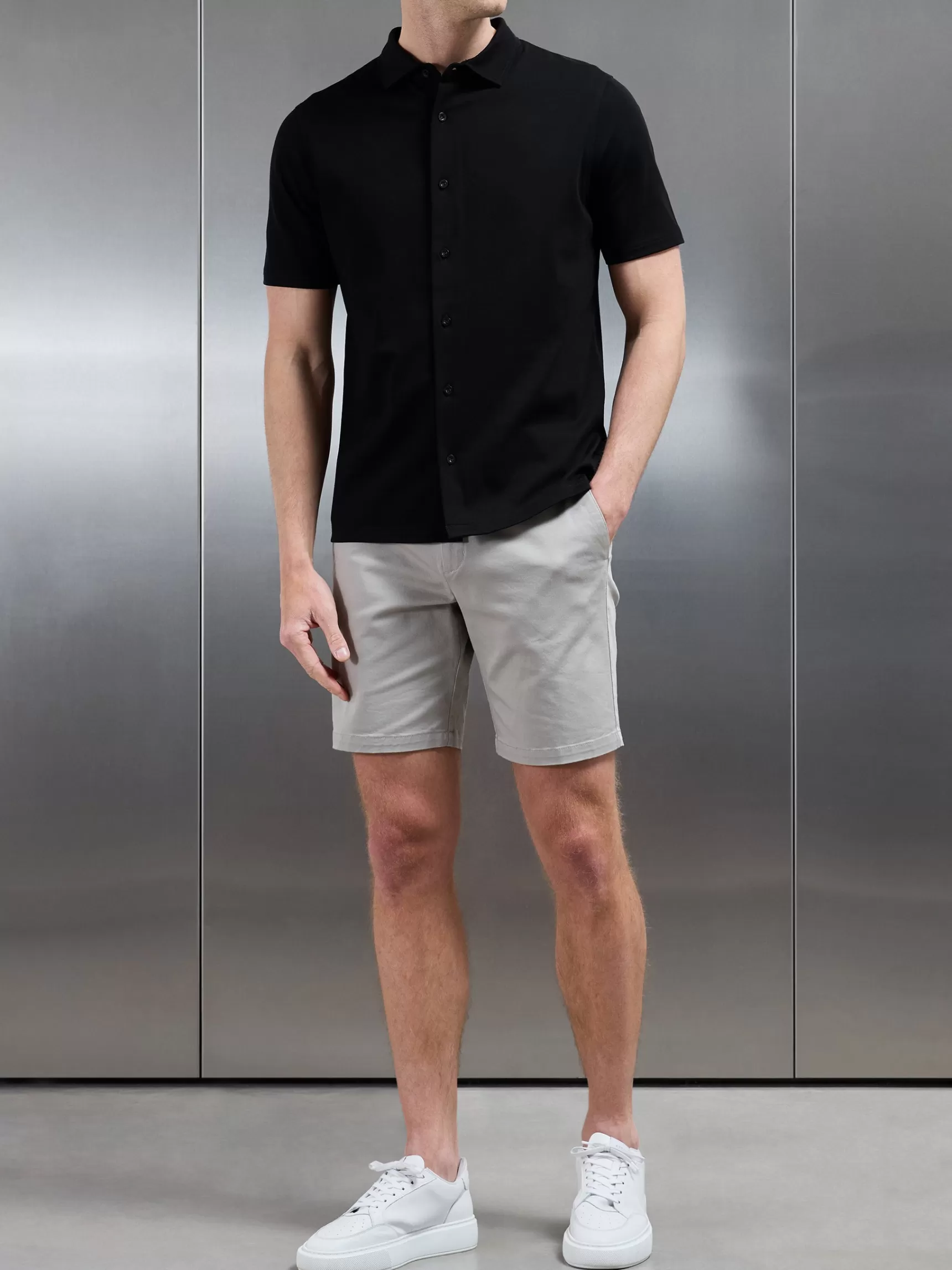 Fashion ARNE Mercerised Interlock Short Sleeve Button Through Shirt - Black