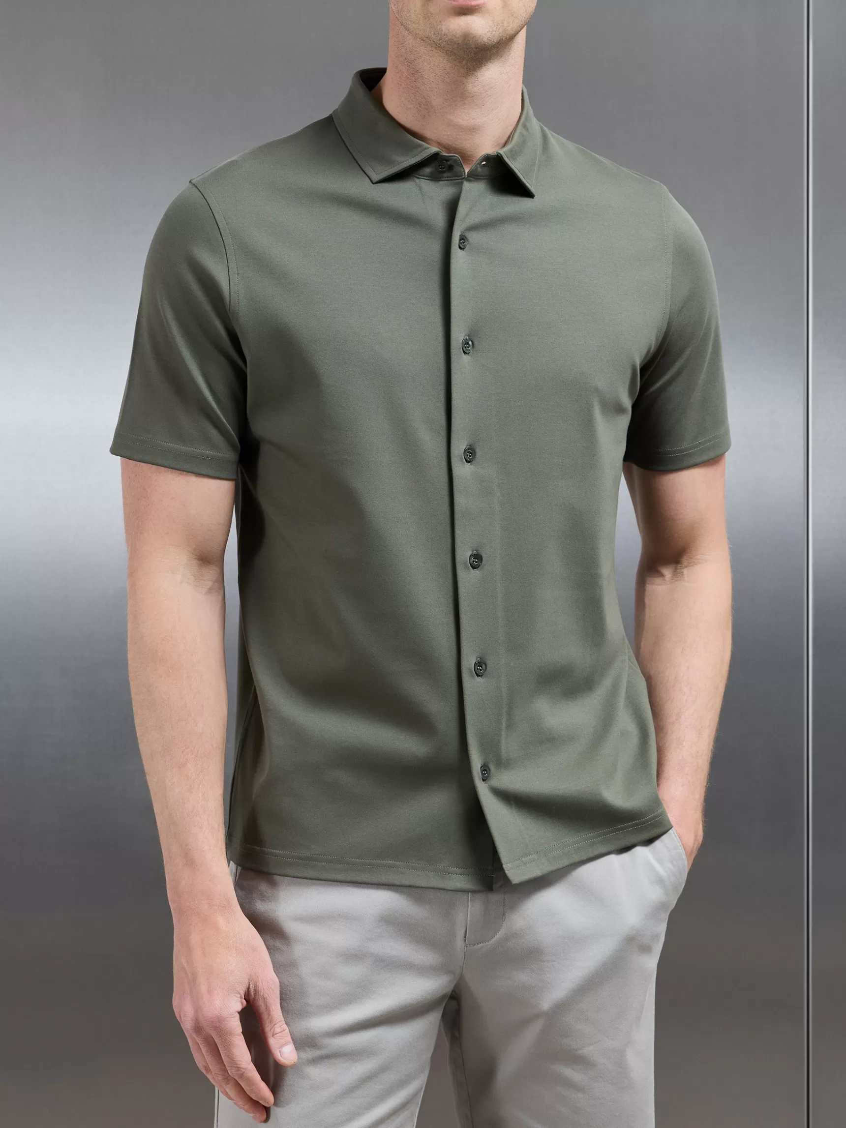 Online ARNE Mercerised Interlock Short Sleeve Button Through Shirt - Sage