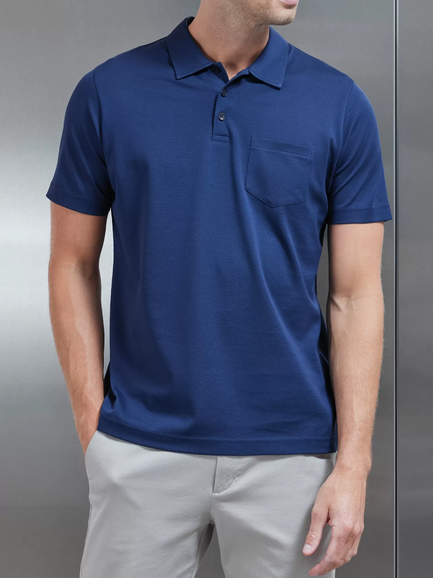 New ARNE Mercerised Pique Button Polo Shirt - Navy