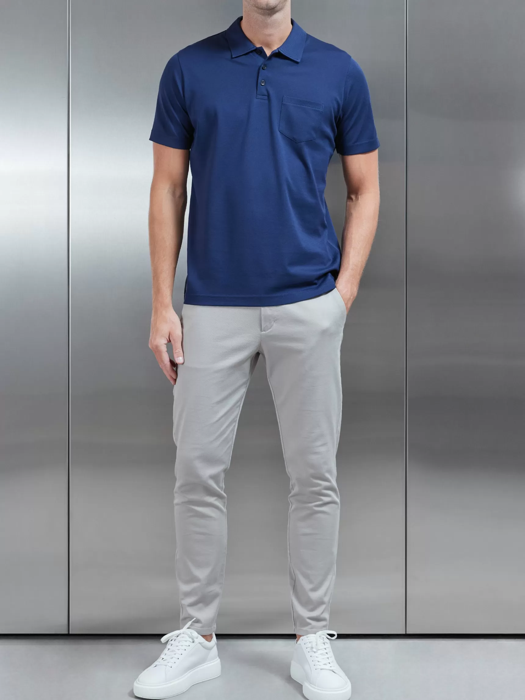 New ARNE Mercerised Pique Button Polo Shirt - Navy