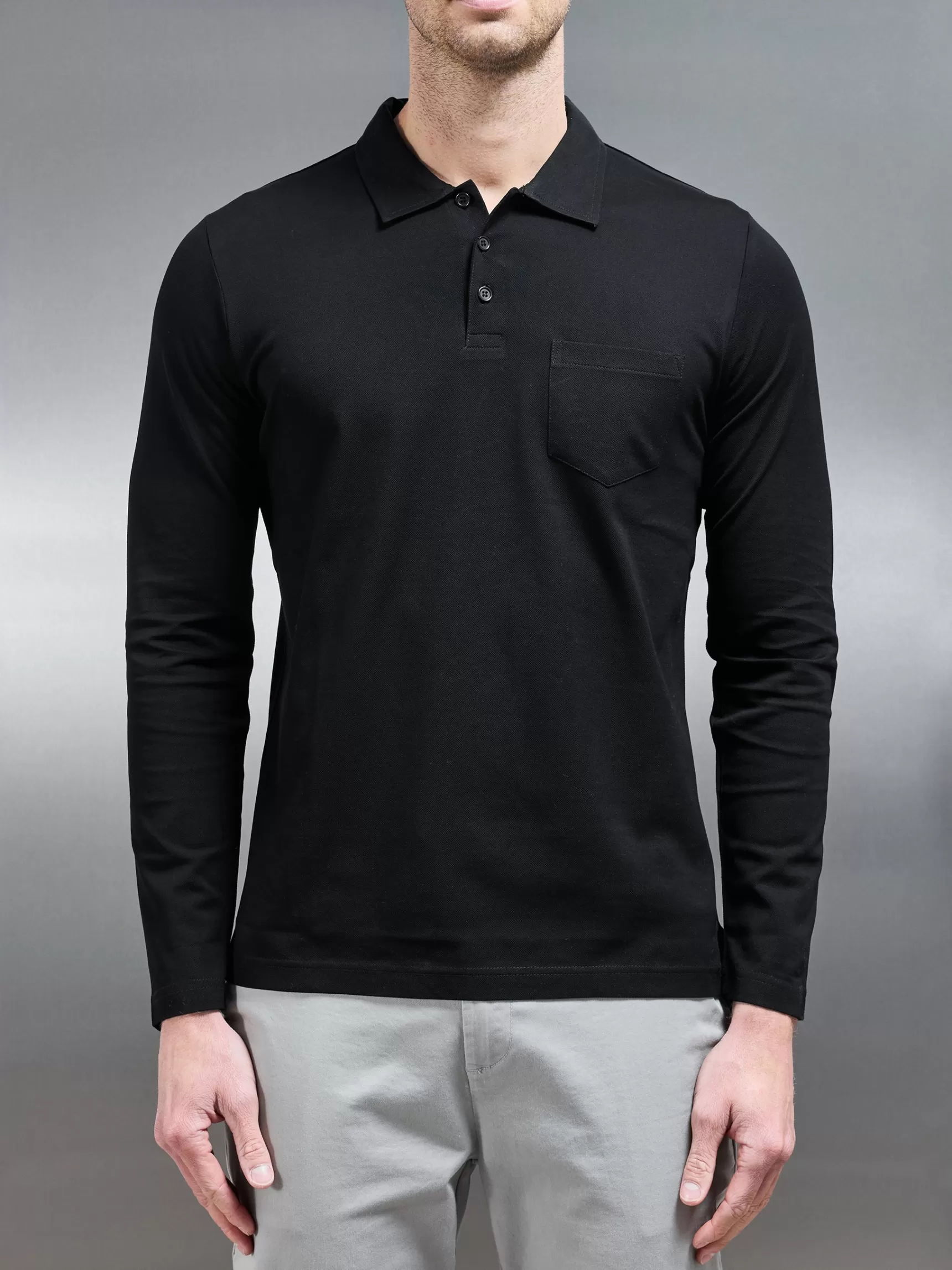 Cheap ARNE Mercerised Pique Long Sleeve Button Polo Shirt - Black