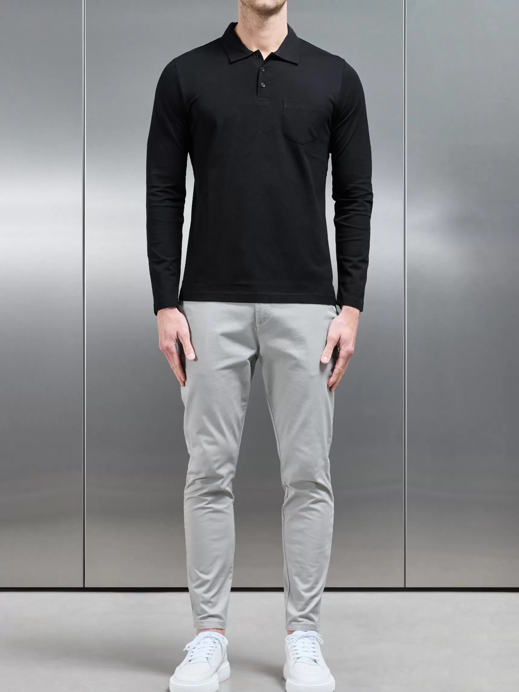 Cheap ARNE Mercerised Pique Long Sleeve Button Polo Shirt - Black