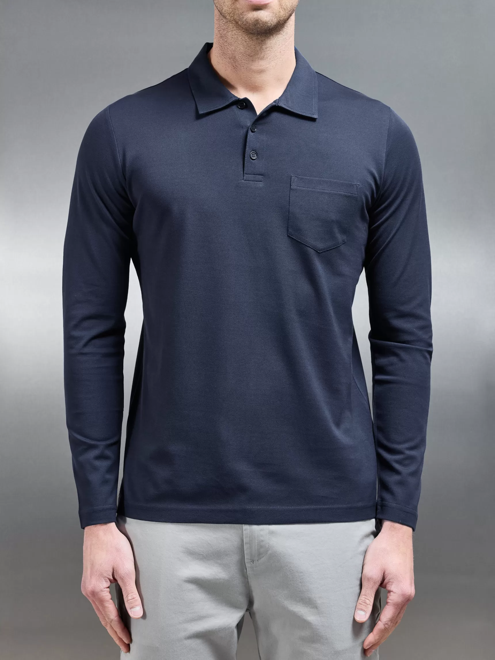 Flash Sale ARNE Mercerised Pique Long Sleeve Button Polo Shirt - Navy