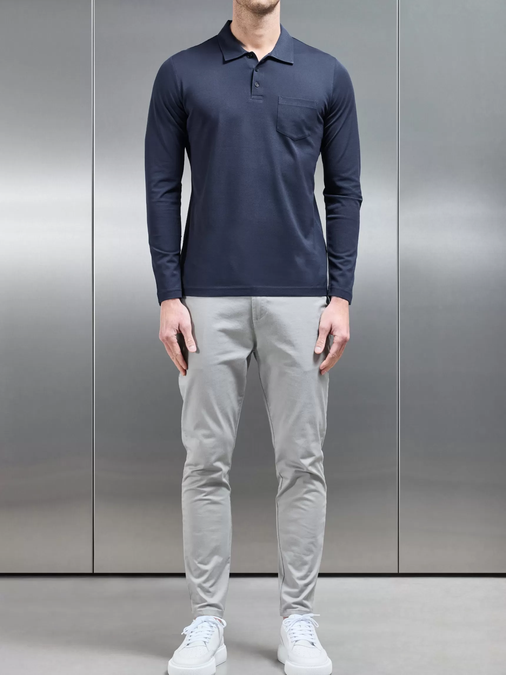 Flash Sale ARNE Mercerised Pique Long Sleeve Button Polo Shirt - Navy