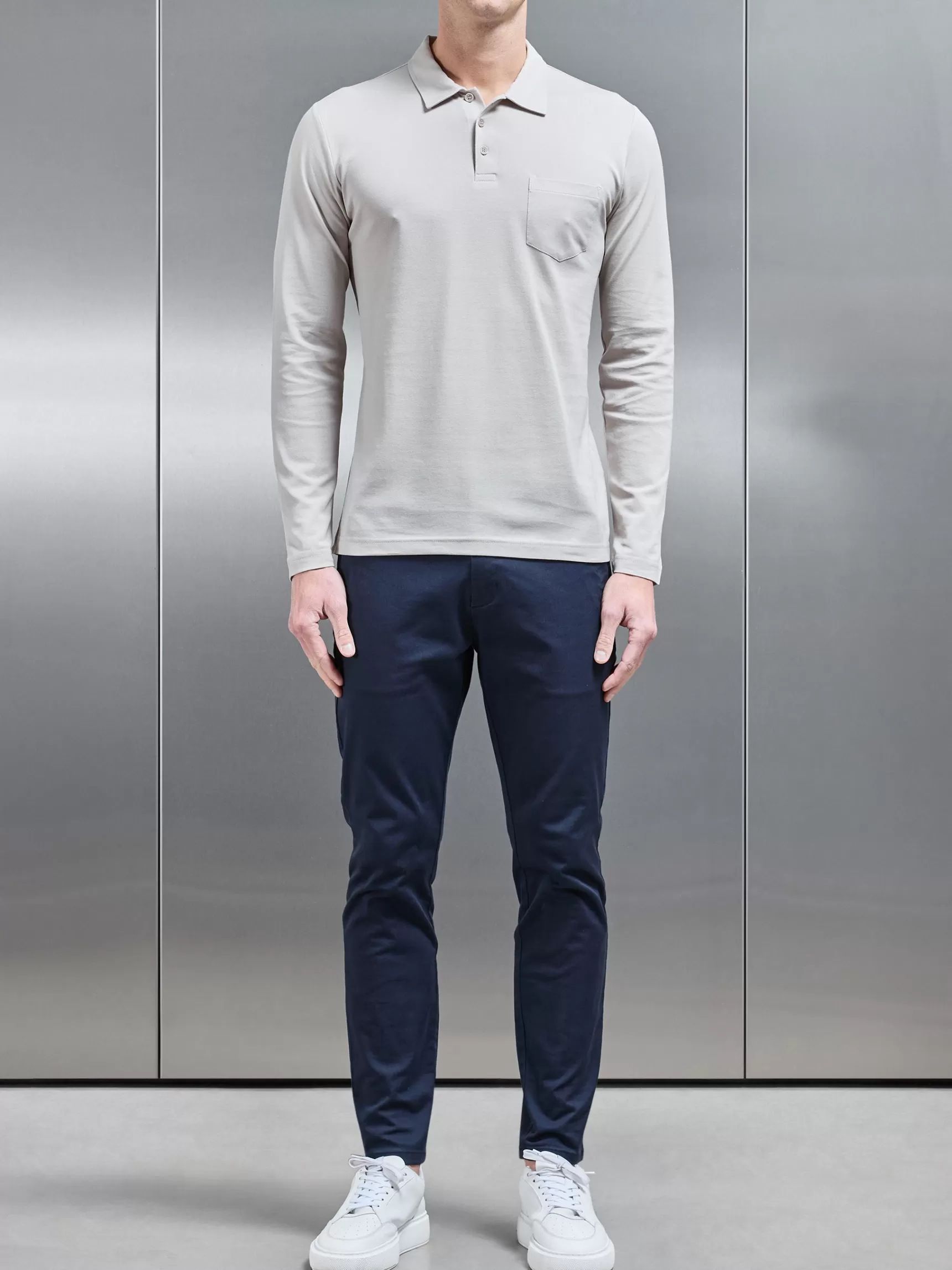 Discount ARNE Mercerised Pique Long Sleeve Button Polo Shirt - Stone
