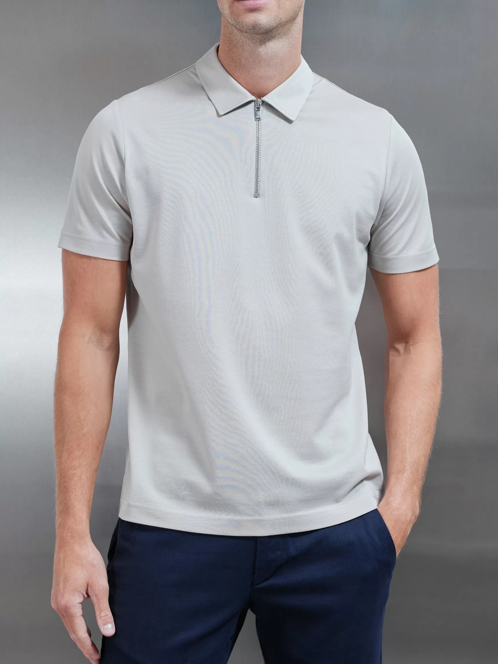 New ARNE Mercerised Pique Zip Polo Shirt - Stone