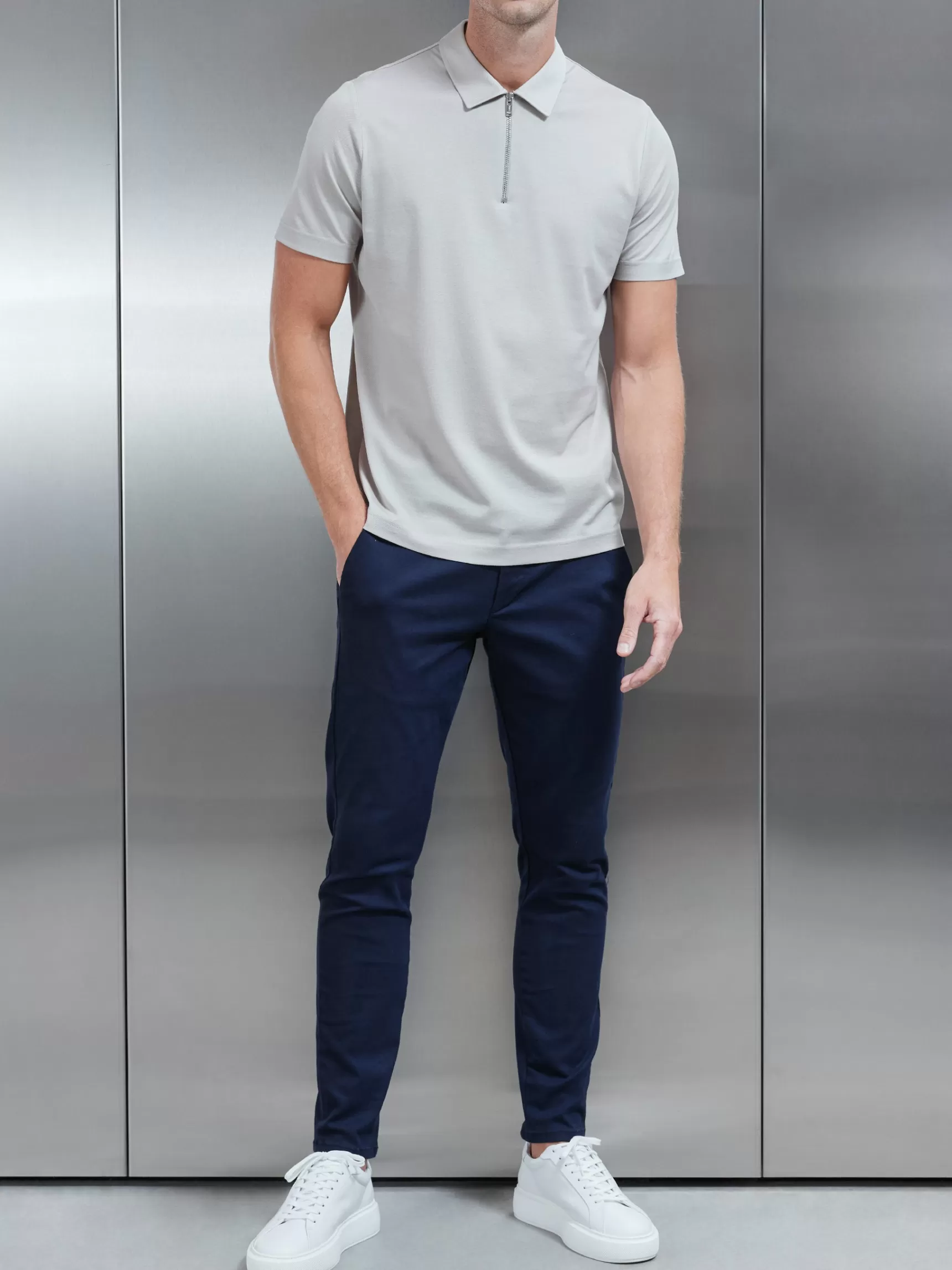New ARNE Mercerised Pique Zip Polo Shirt - Stone