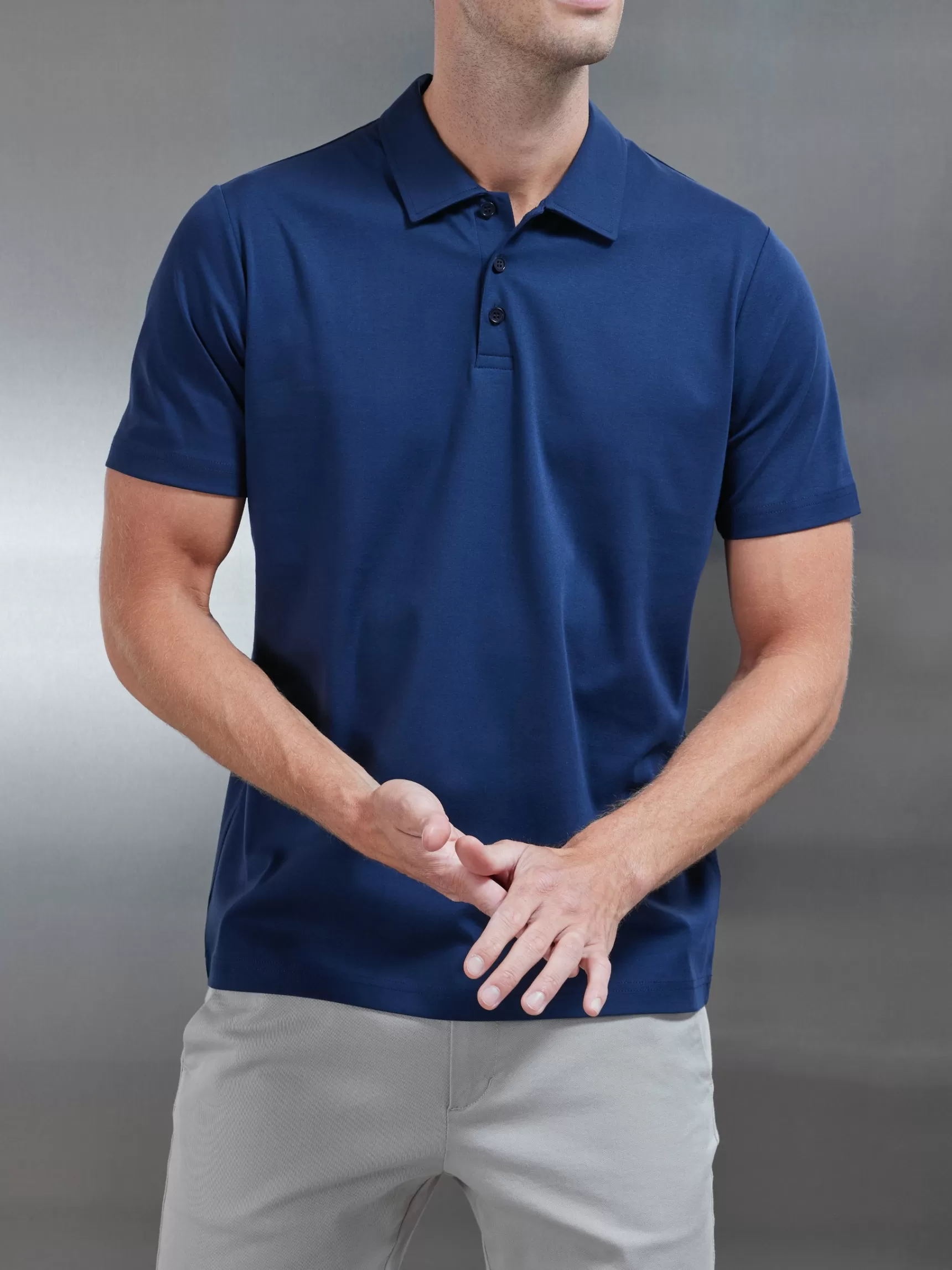 Best Sale ARNE Mercerised Supima Cotton Button Polo Shirt - Navy