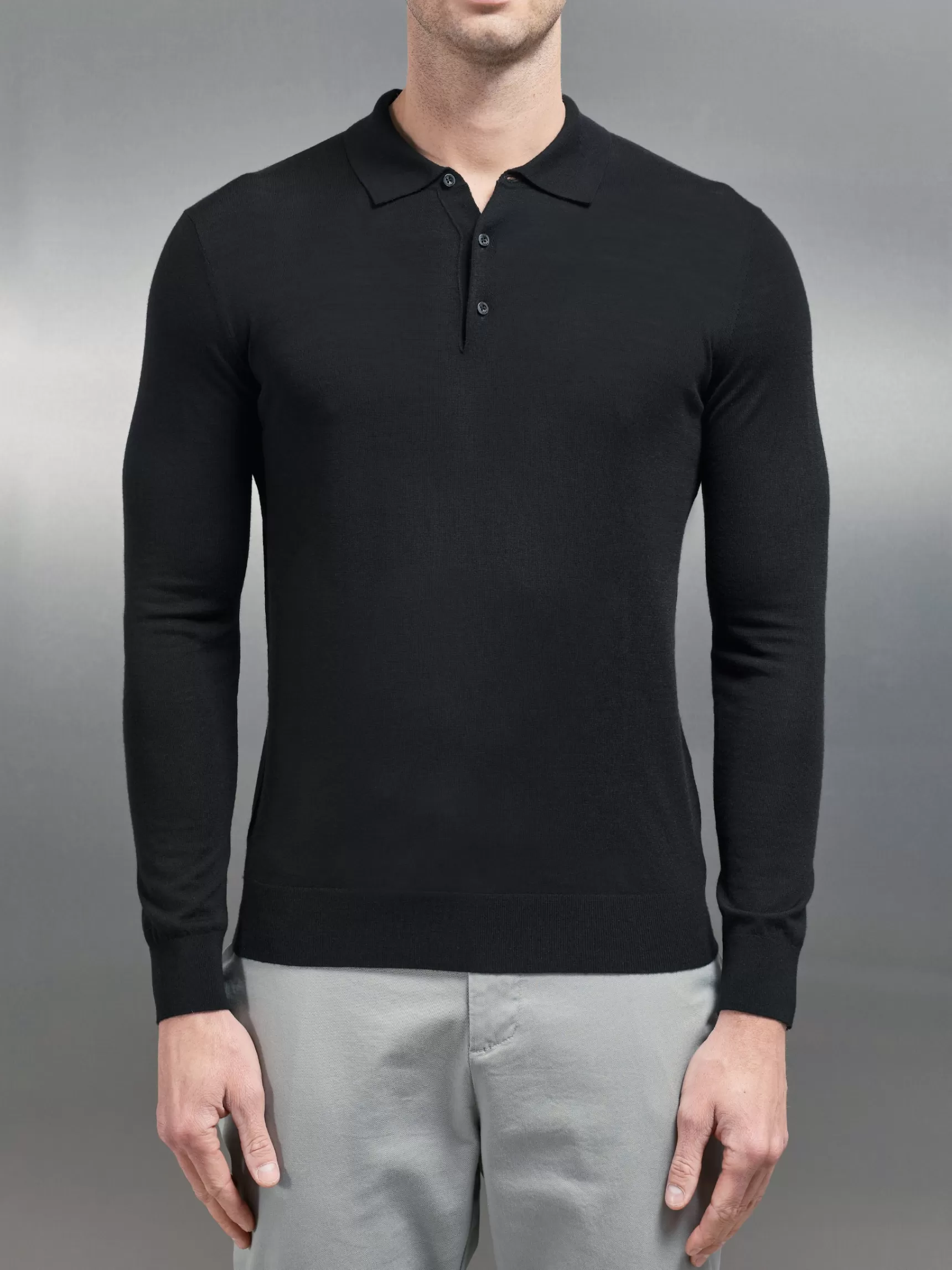 Store ARNE Merino Wool Long Sleeve Button Polo Shirt - Black