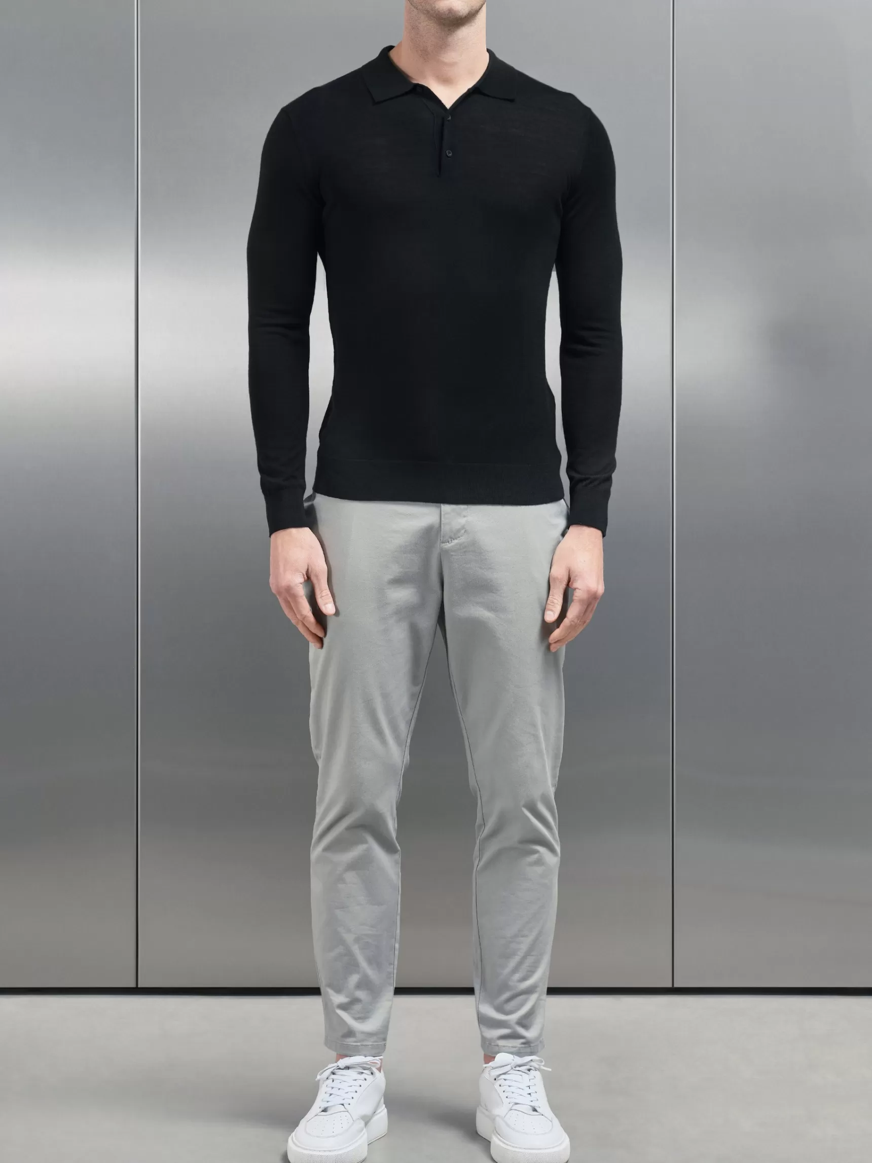 Store ARNE Merino Wool Long Sleeve Button Polo Shirt - Black