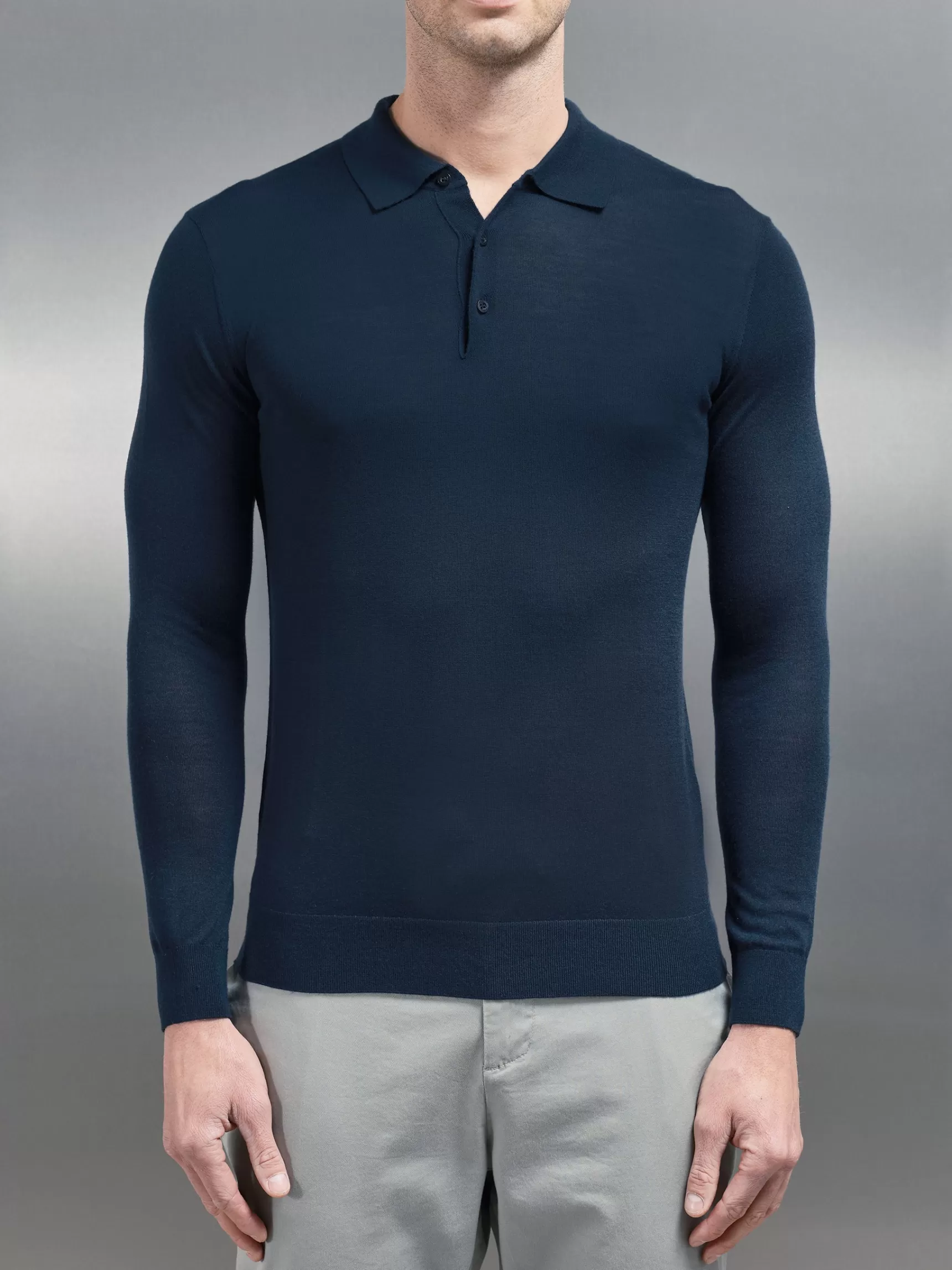 Best ARNE Merino Wool Long Sleeve Button Polo Shirt - Navy