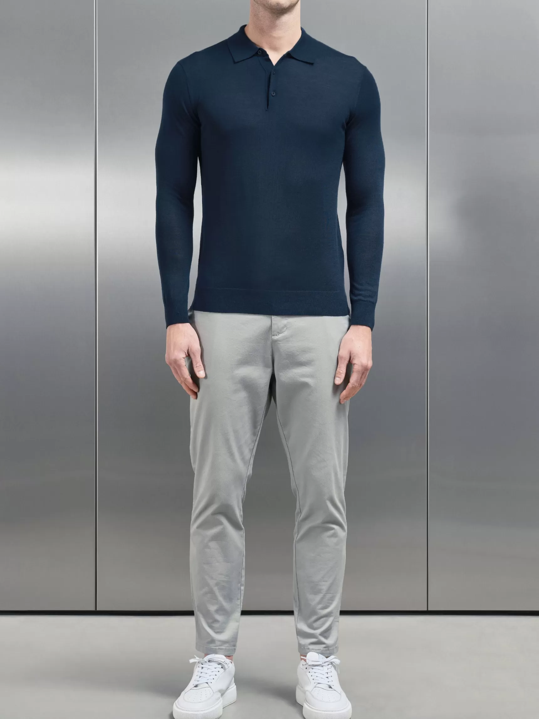 Best ARNE Merino Wool Long Sleeve Button Polo Shirt - Navy