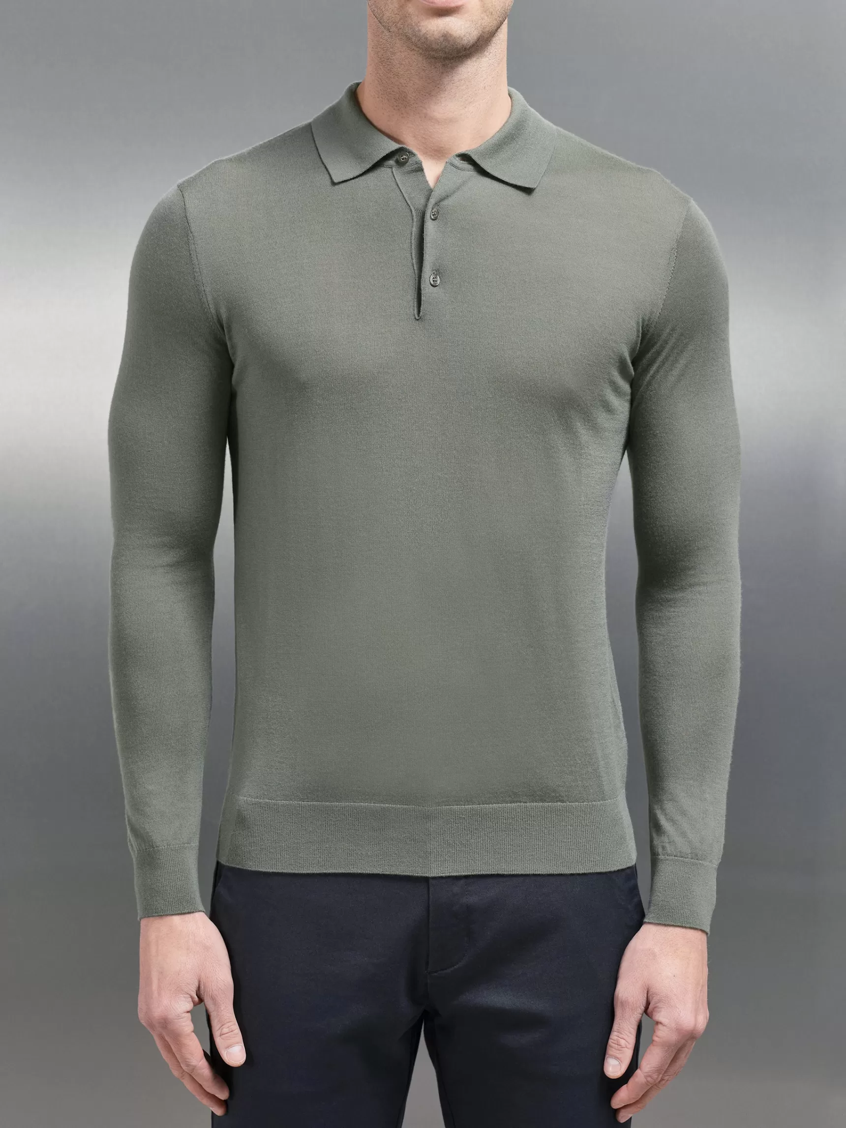 Cheap ARNE Merino Wool Long Sleeve Button Polo Shirt - Sage