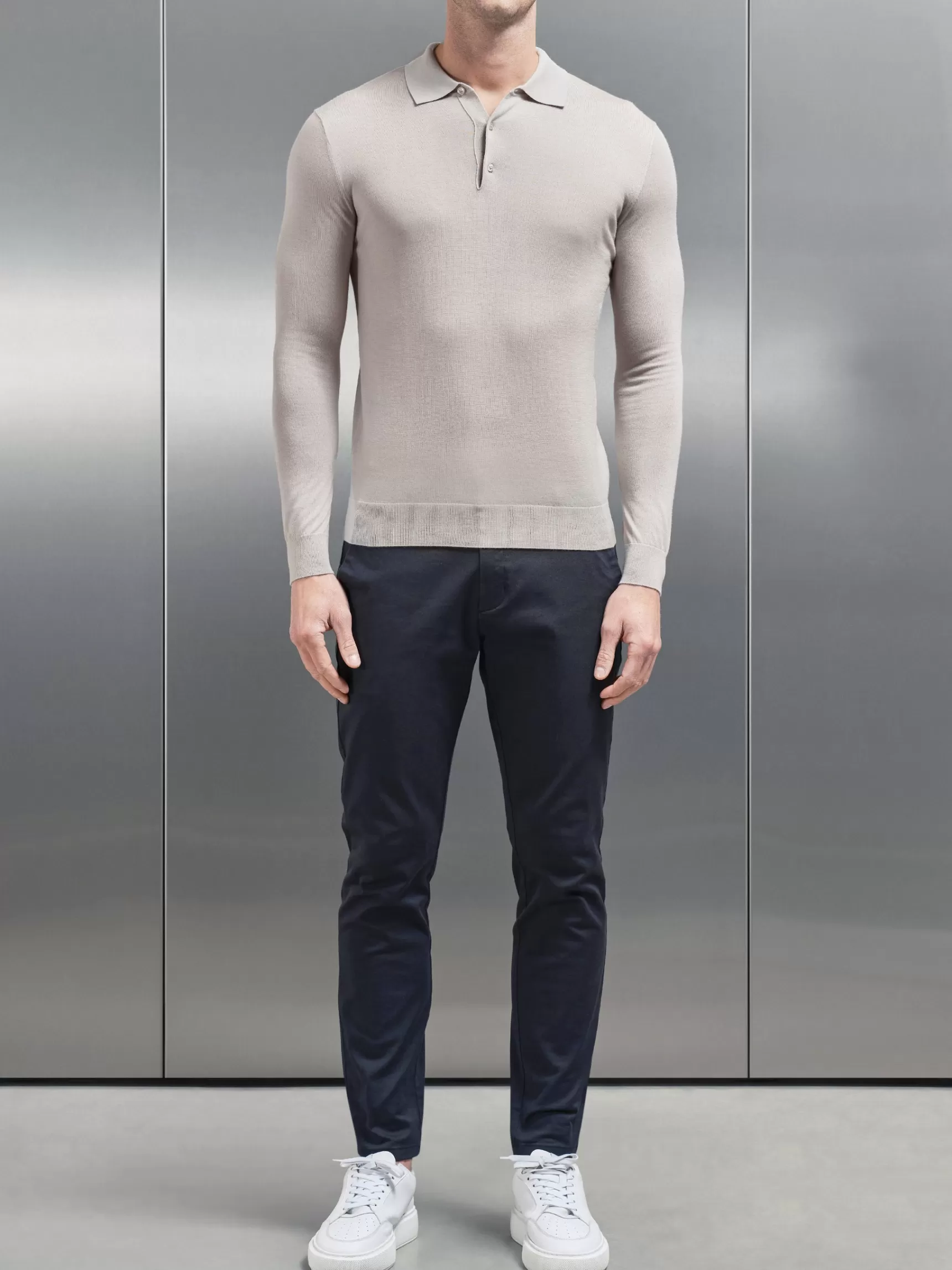 Best ARNE Merino Wool Long Sleeve Button Polo Shirt - Stone
