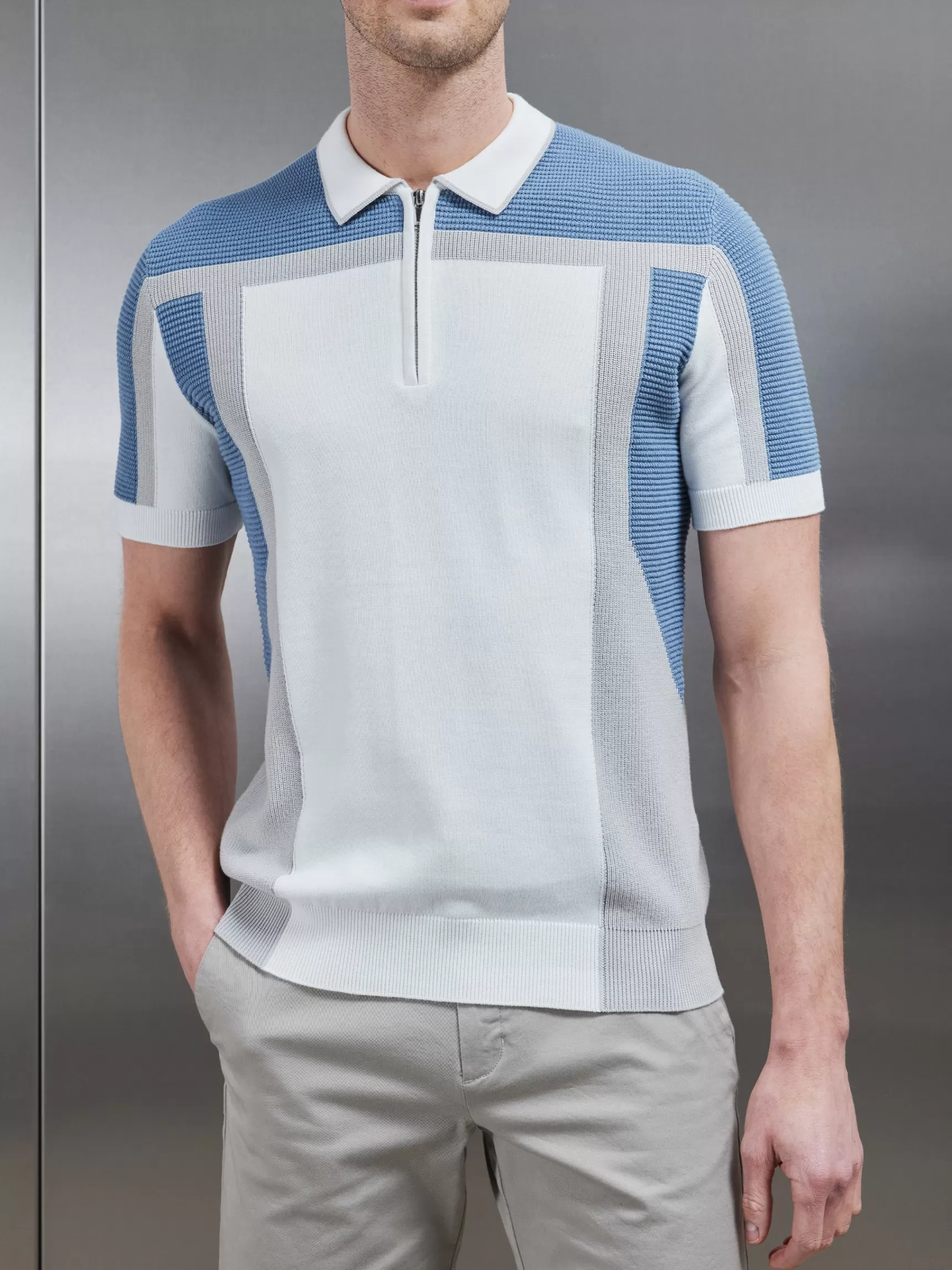 Cheap ARNE Panel Colour Block Knitted Zip Polo Shirt - Dove Blue DoveBlue