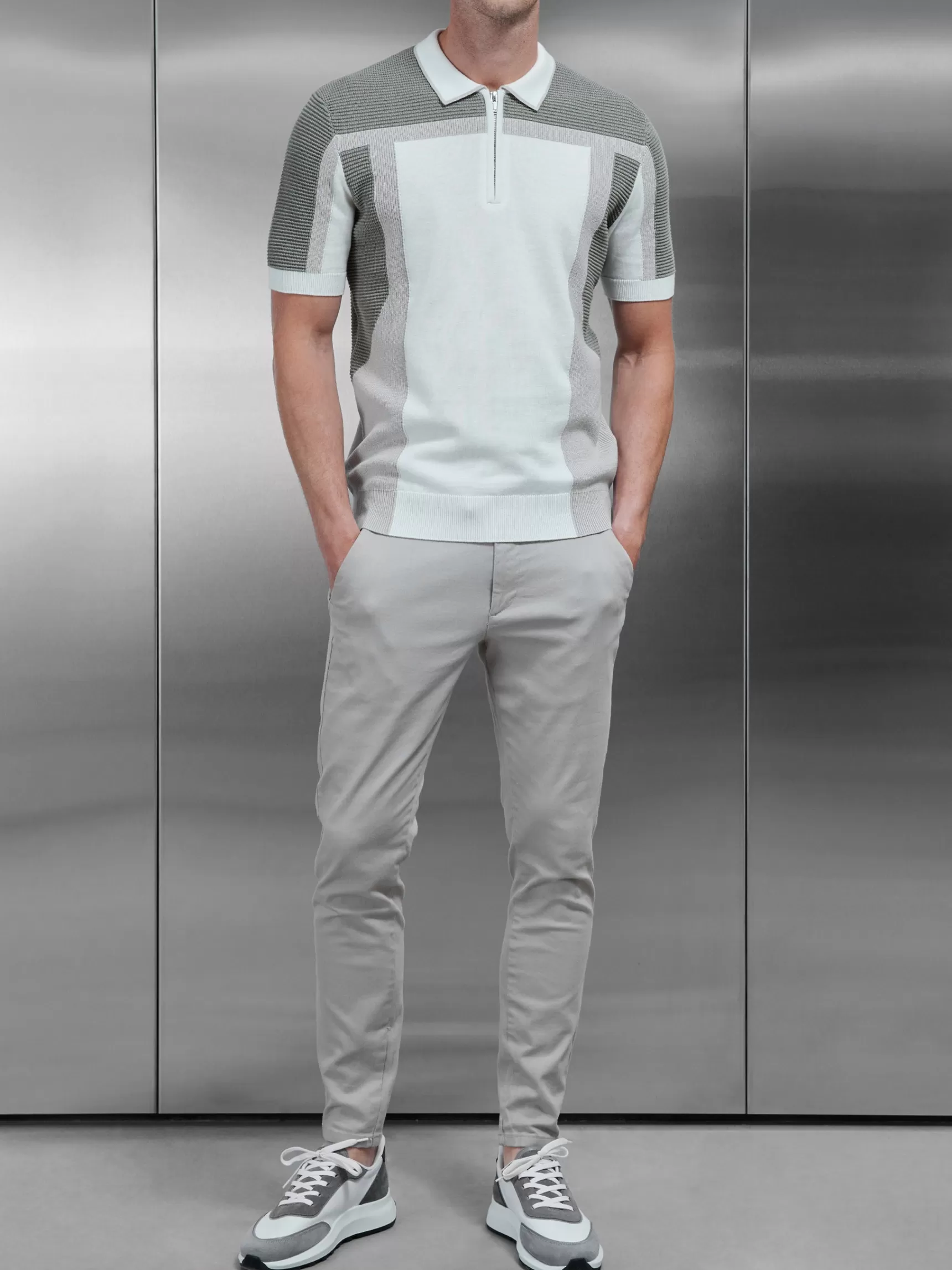 Store ARNE Panel Colour Block Knitted Zip Polo Shirt - Sage