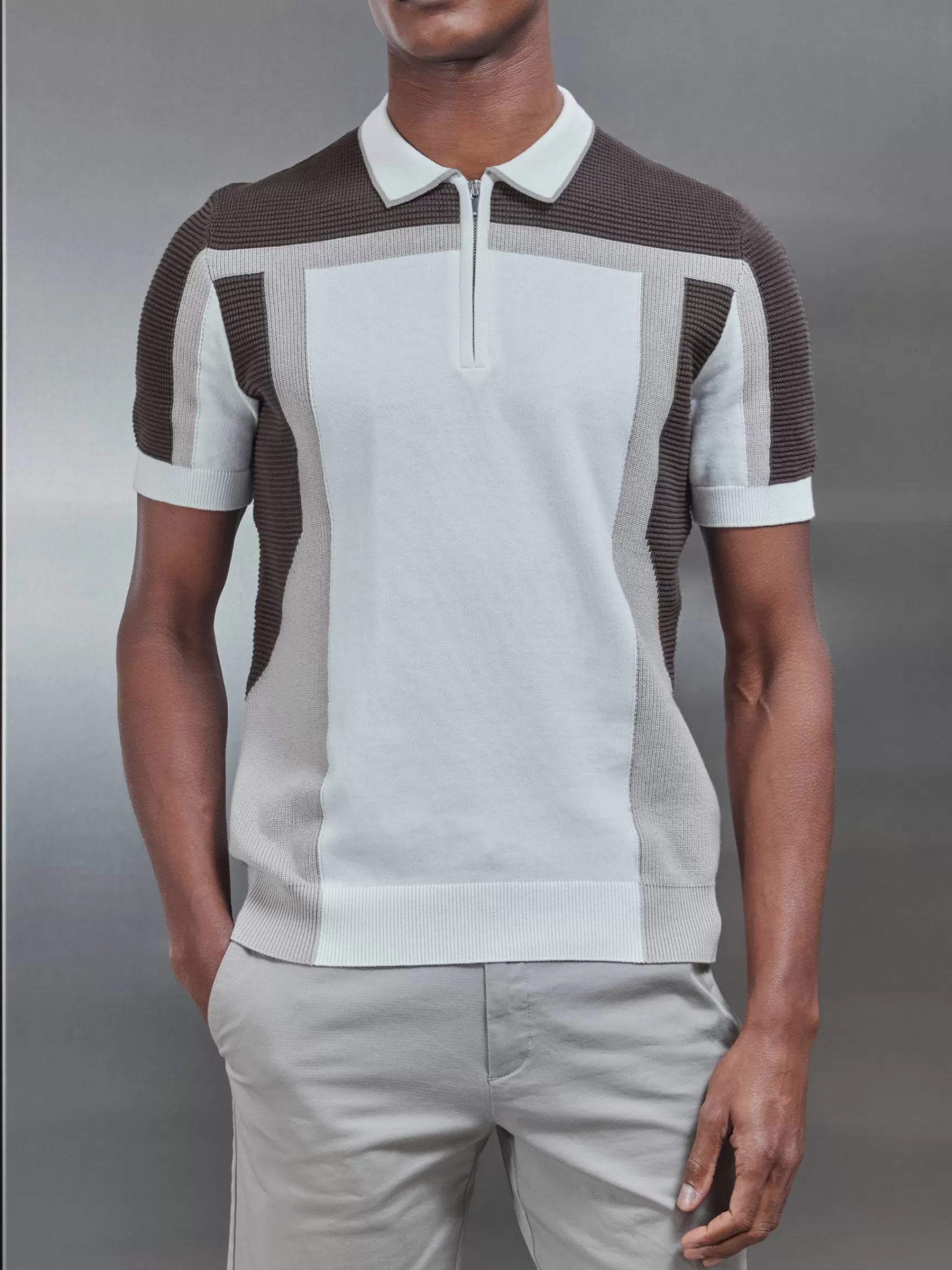 Cheap ARNE Panel Colour Block Knitted Zip Polo Shirt - Taupe