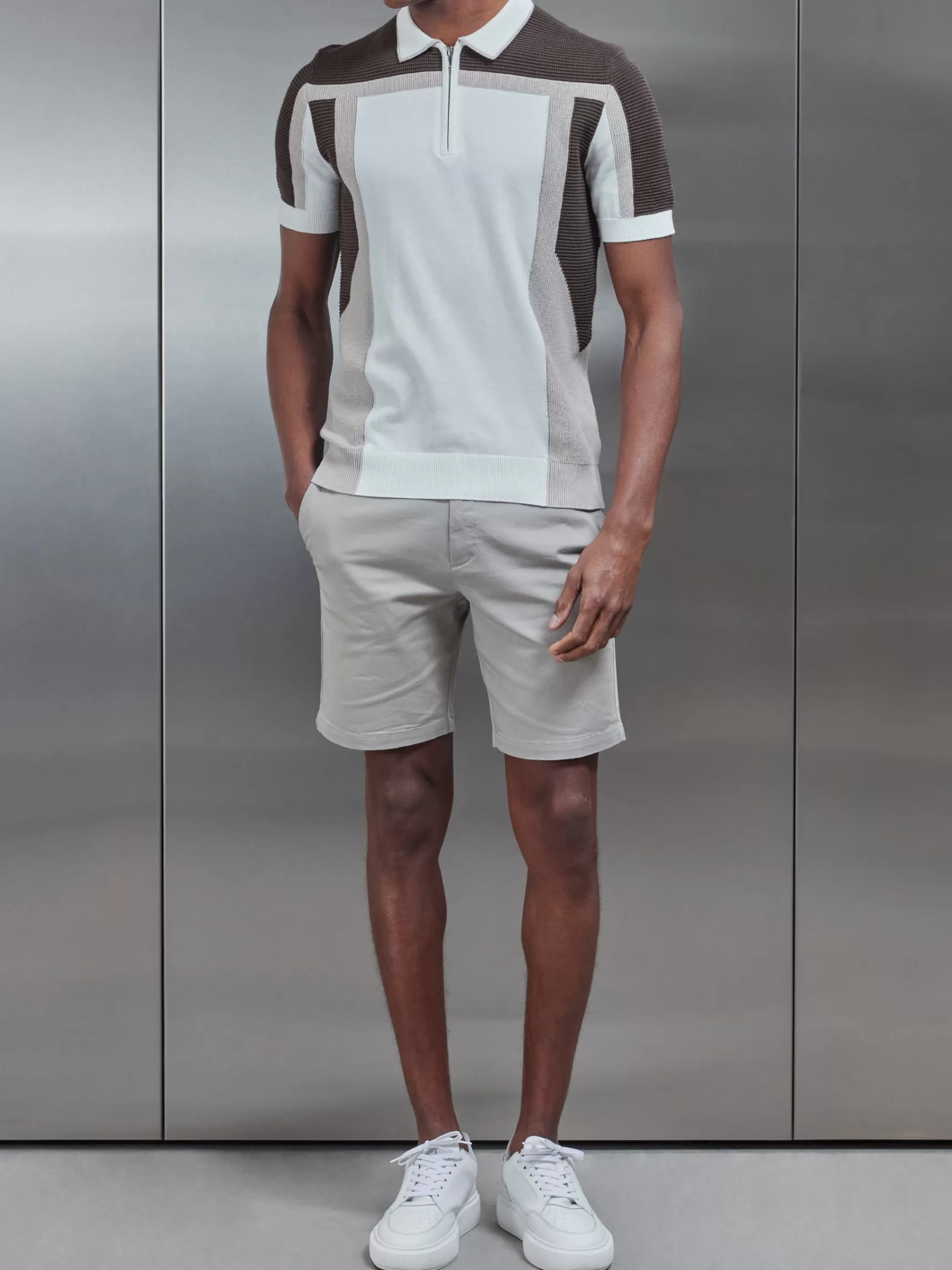 Cheap ARNE Panel Colour Block Knitted Zip Polo Shirt - Taupe