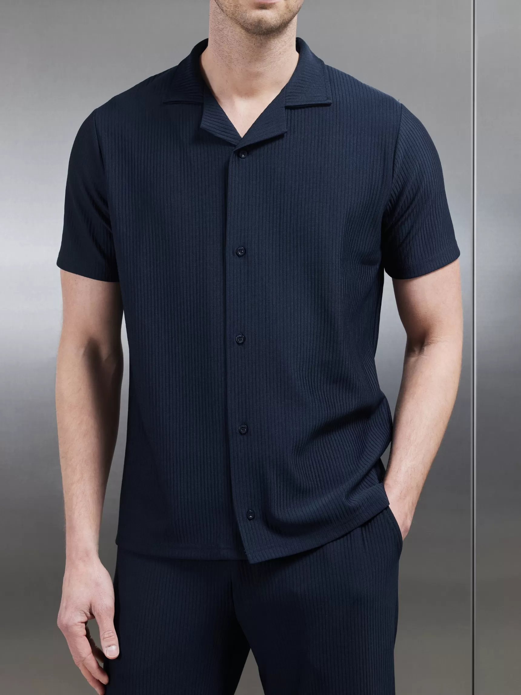 Store ARNE Pleated Revere Collar Shirt - Navy