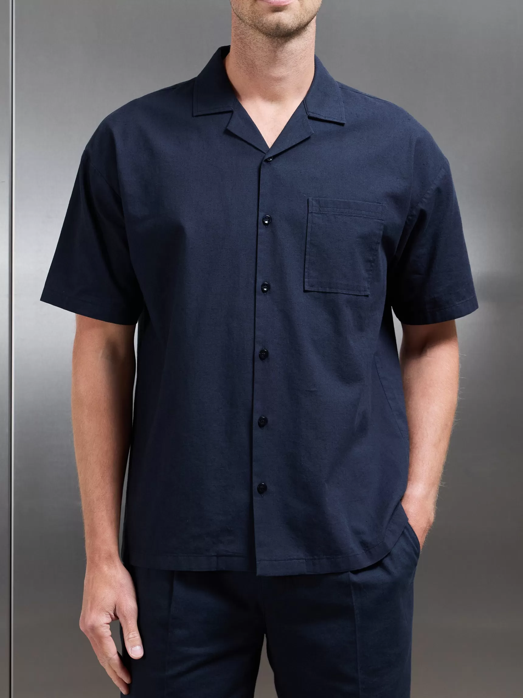 Discount ARNE Relaxed Cotton Linen Revere Collar Shirt - Navy