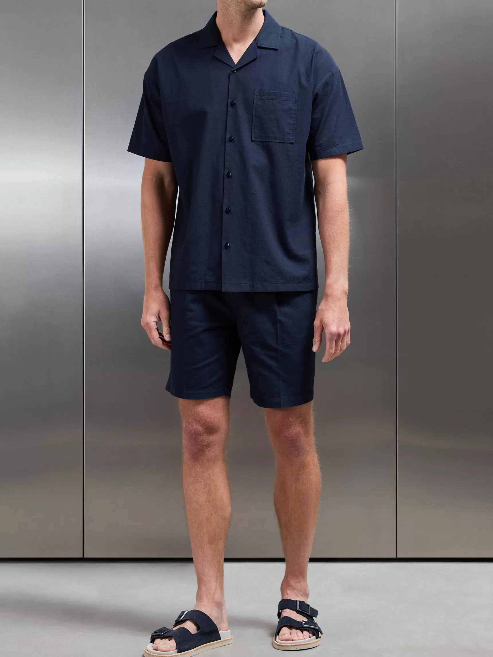 Discount ARNE Relaxed Cotton Linen Revere Collar Shirt - Navy