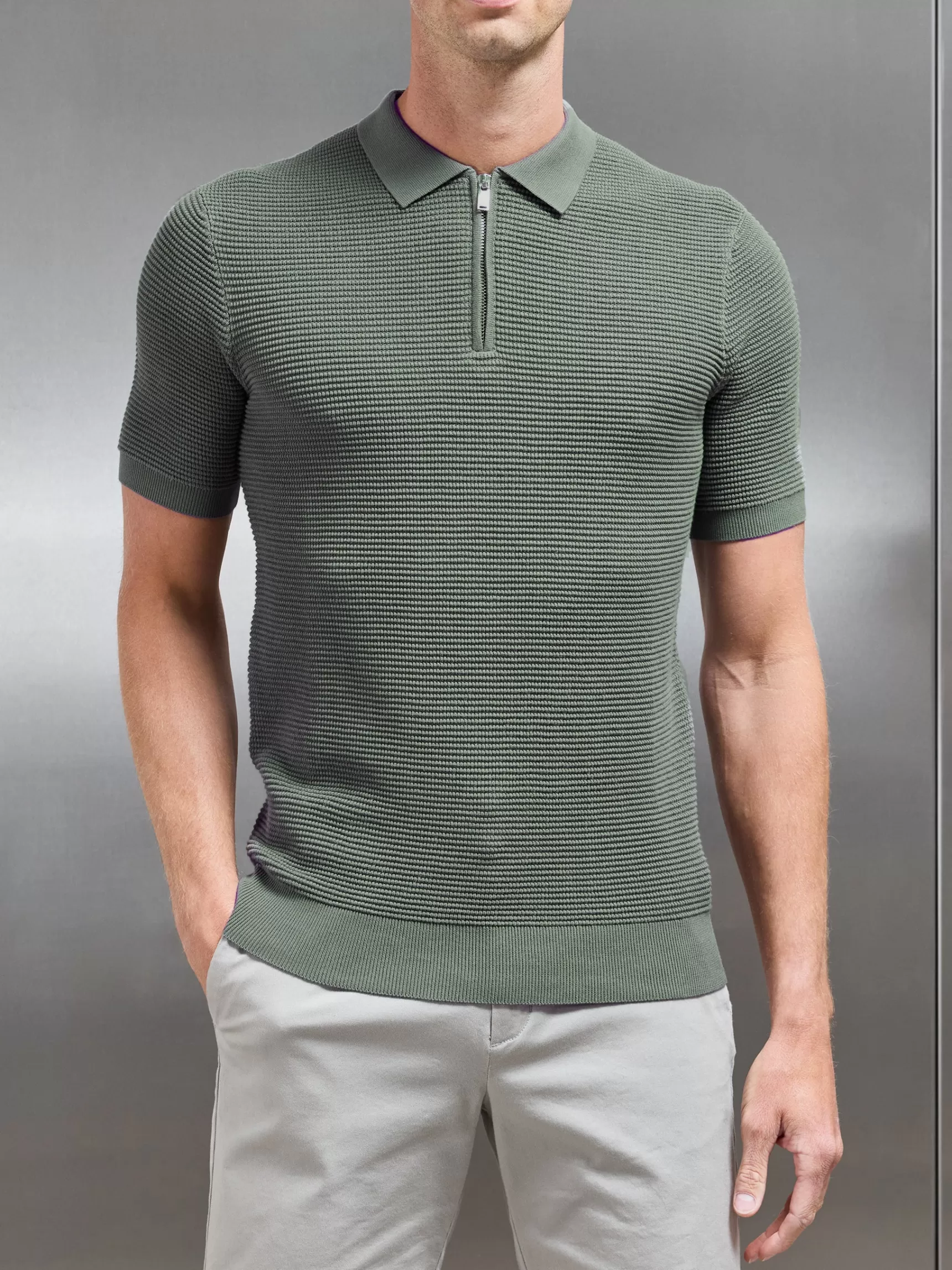 Store ARNE RIbbed Knitted Zip Polo Shirt - Sage