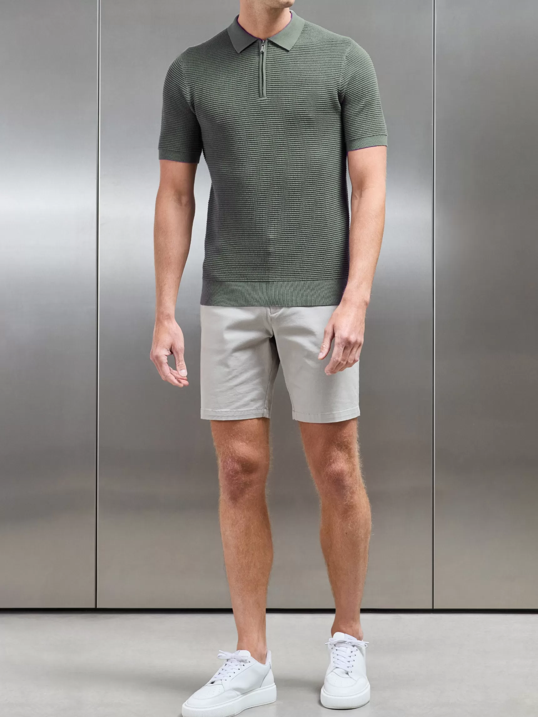 Store ARNE RIbbed Knitted Zip Polo Shirt - Sage