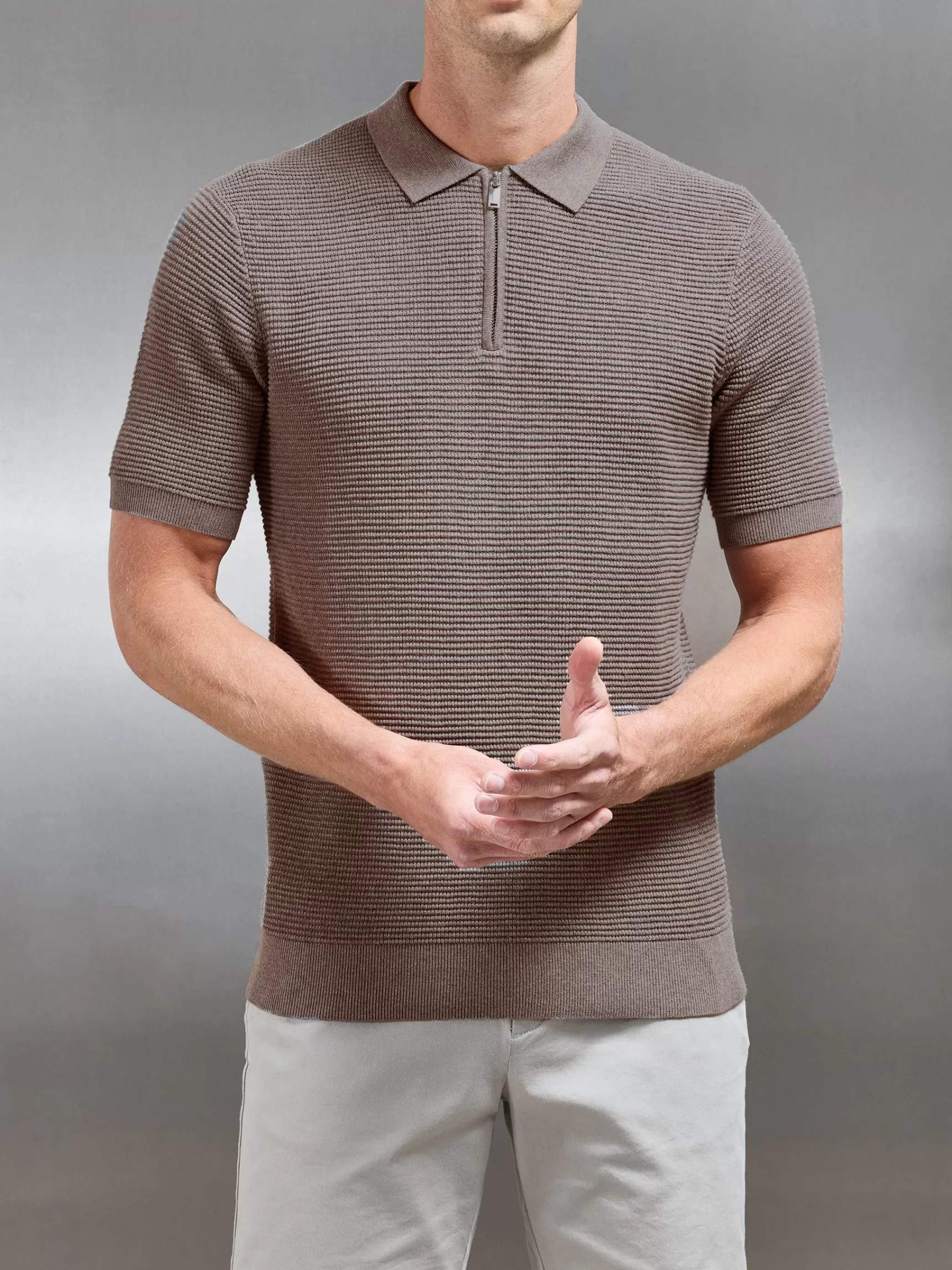 Shop ARNE Ribbed Knitted Zip Polo Shirt - Taupe