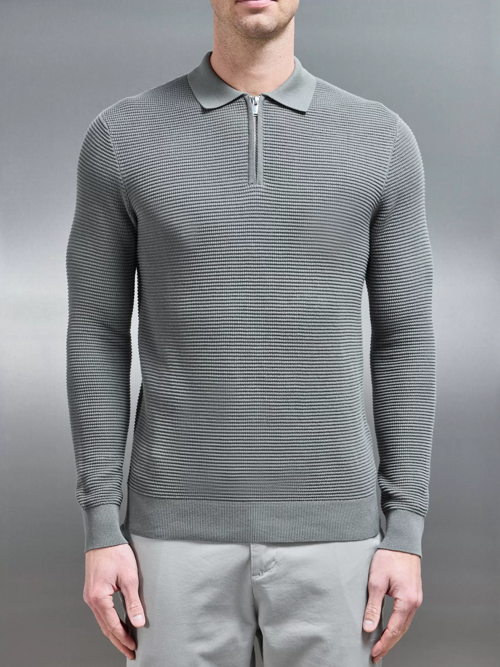 Shop ARNE Ribbed Textured Long Sleeve Knitted Zip Polo - Sage