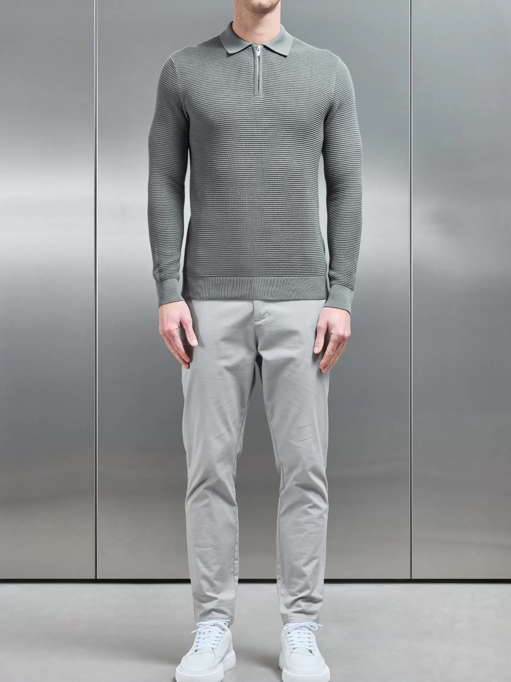 Shop ARNE Ribbed Textured Long Sleeve Knitted Zip Polo - Sage