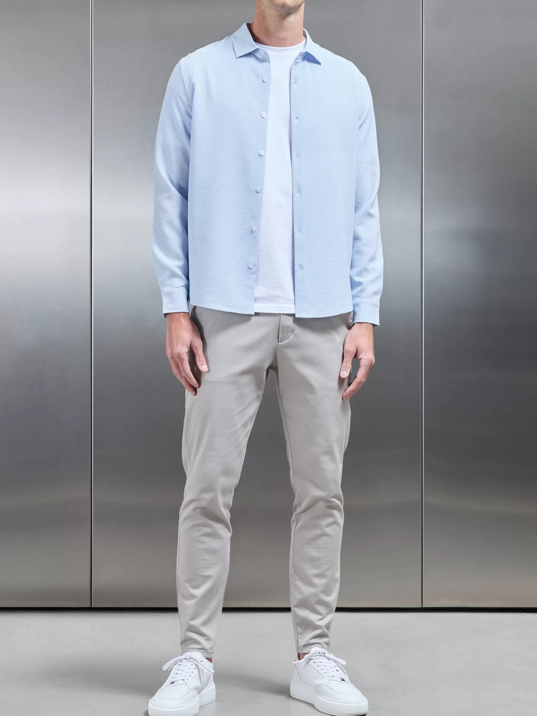 Cheap ARNE Seersucker Long Sleeve Cutaway Collar Shirt - Light Blue LightBlue